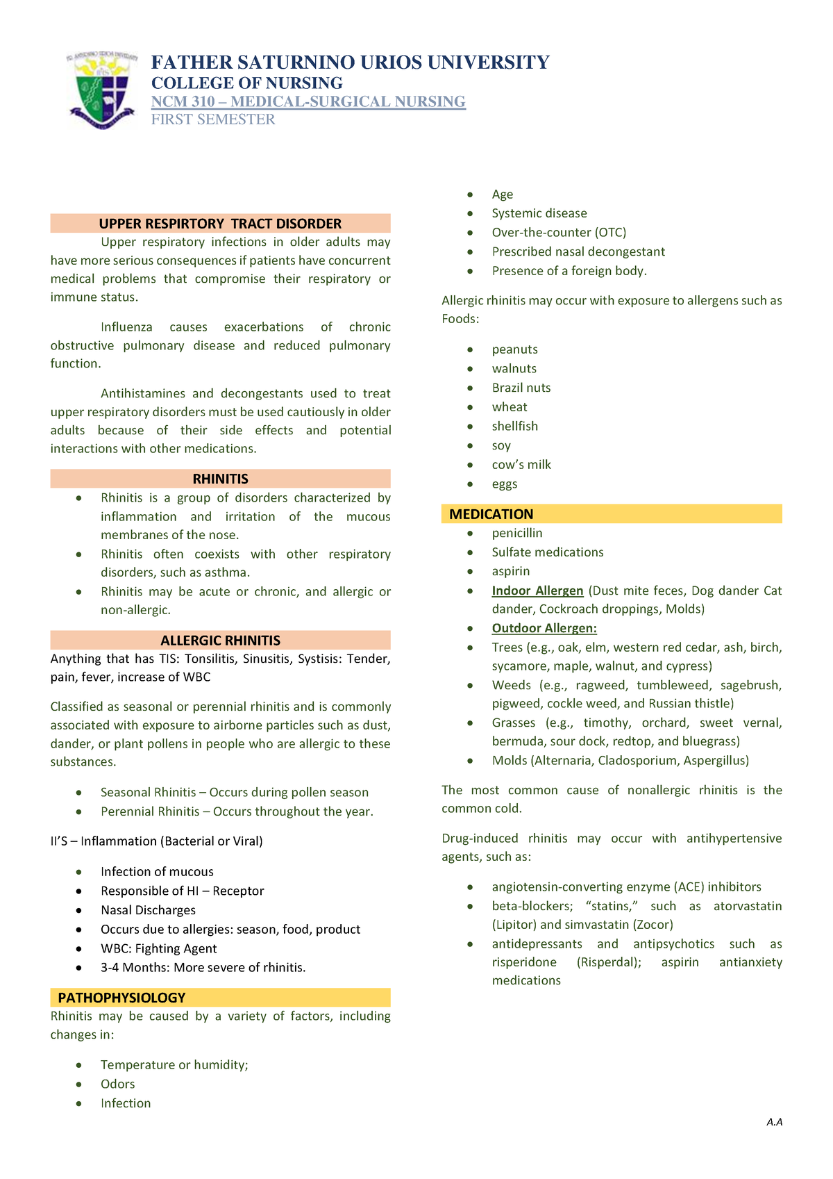 Medsurg-VERY- Final - Hehe - COLLEGE OF NURSING NCM 310 – MEDICAL ...