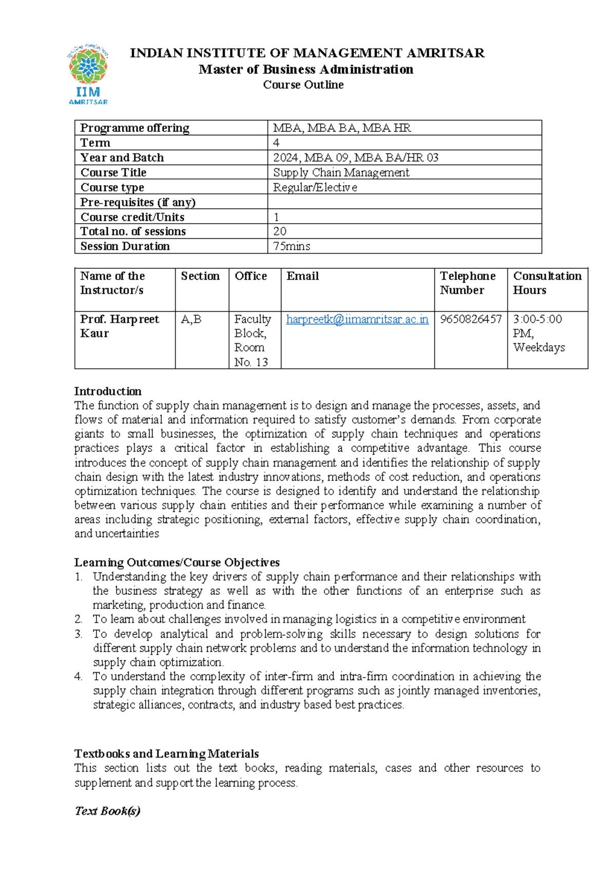 Course Outline SCM 2024 - INDIAN INSTITUTE OF MANAGEMENT AMRITSAR ...
