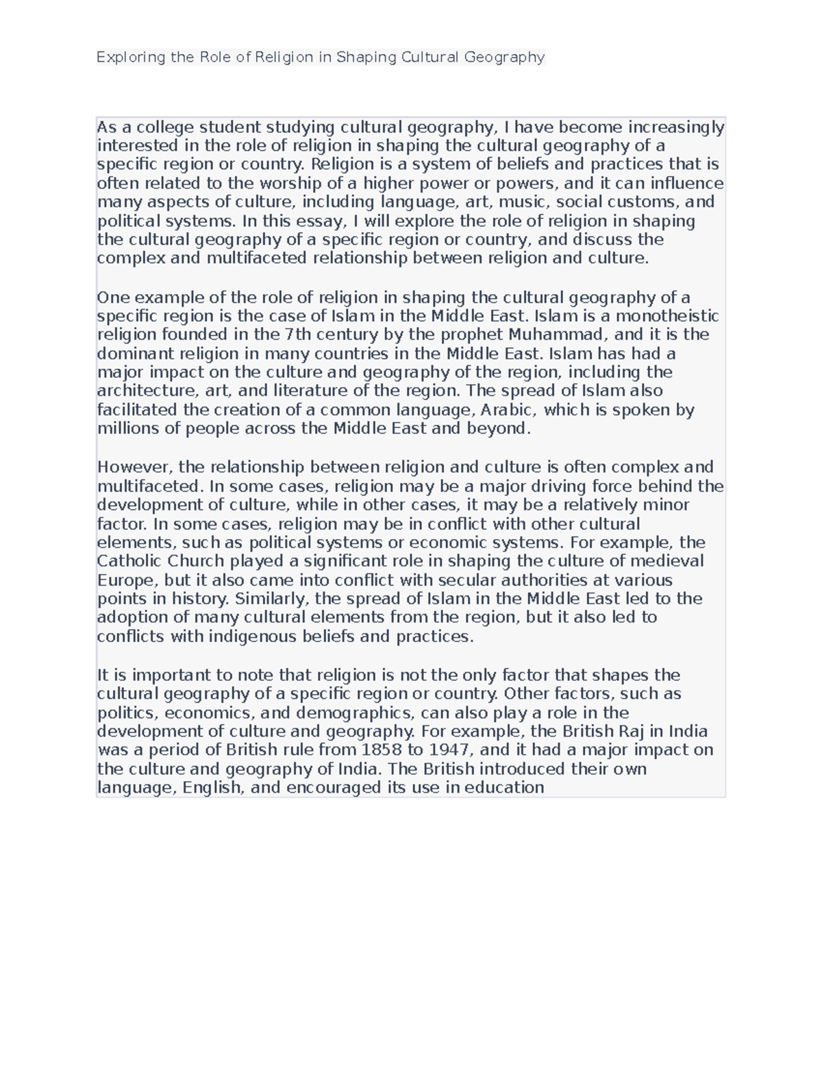 As a college student studying cultural geography Religion is a system