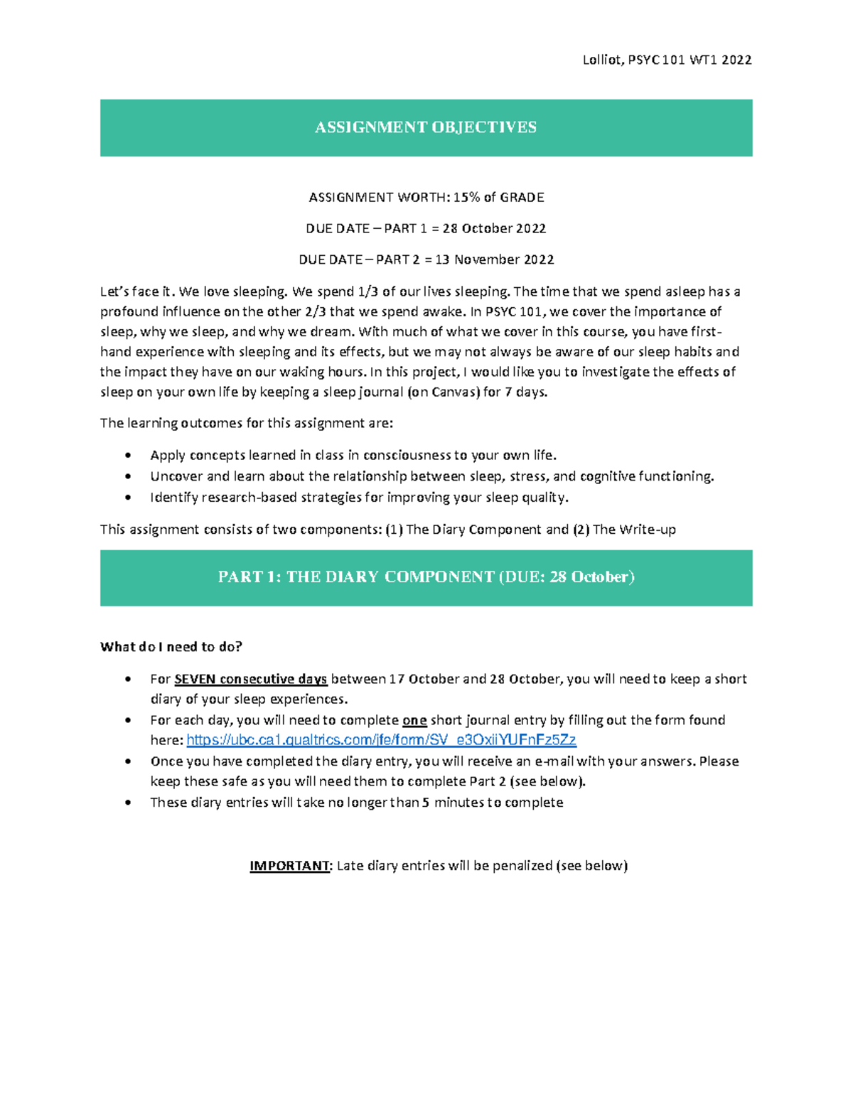 Activity Assignment 2 - Sleep Diary - ASSIGNMENT OBJECTIVES ASSIGNMENT ...