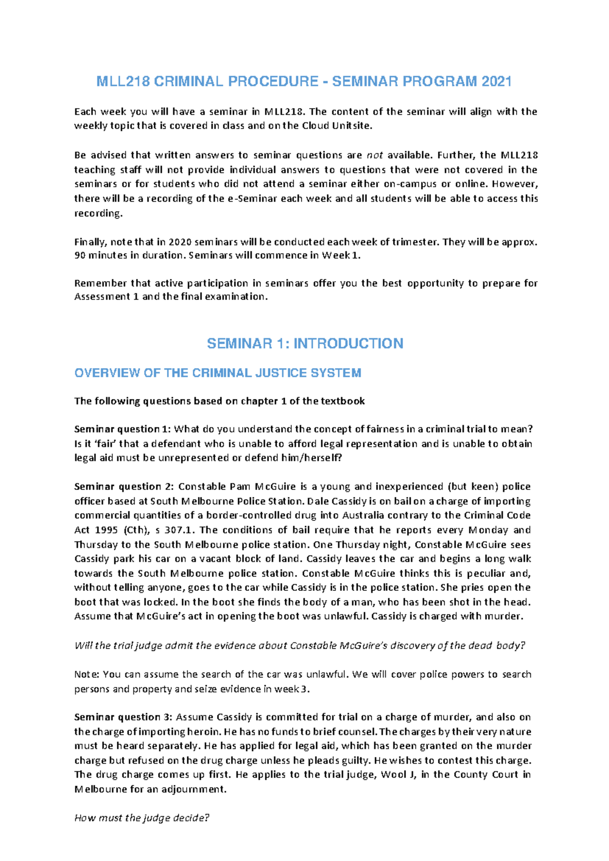 MLL218 Criminal Procedure - Seminar Week 1 - MLL218 - Deakin - Studocu