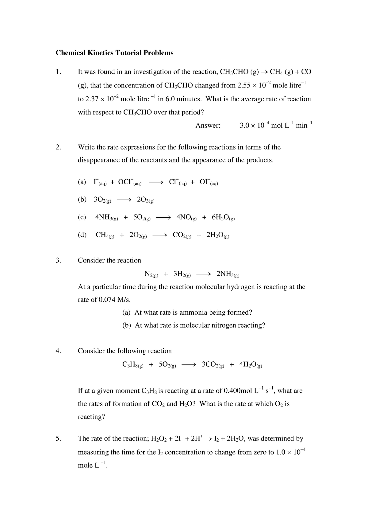 Tutorial Work - Kinetics Practice Questions - Chemical Kinetics 