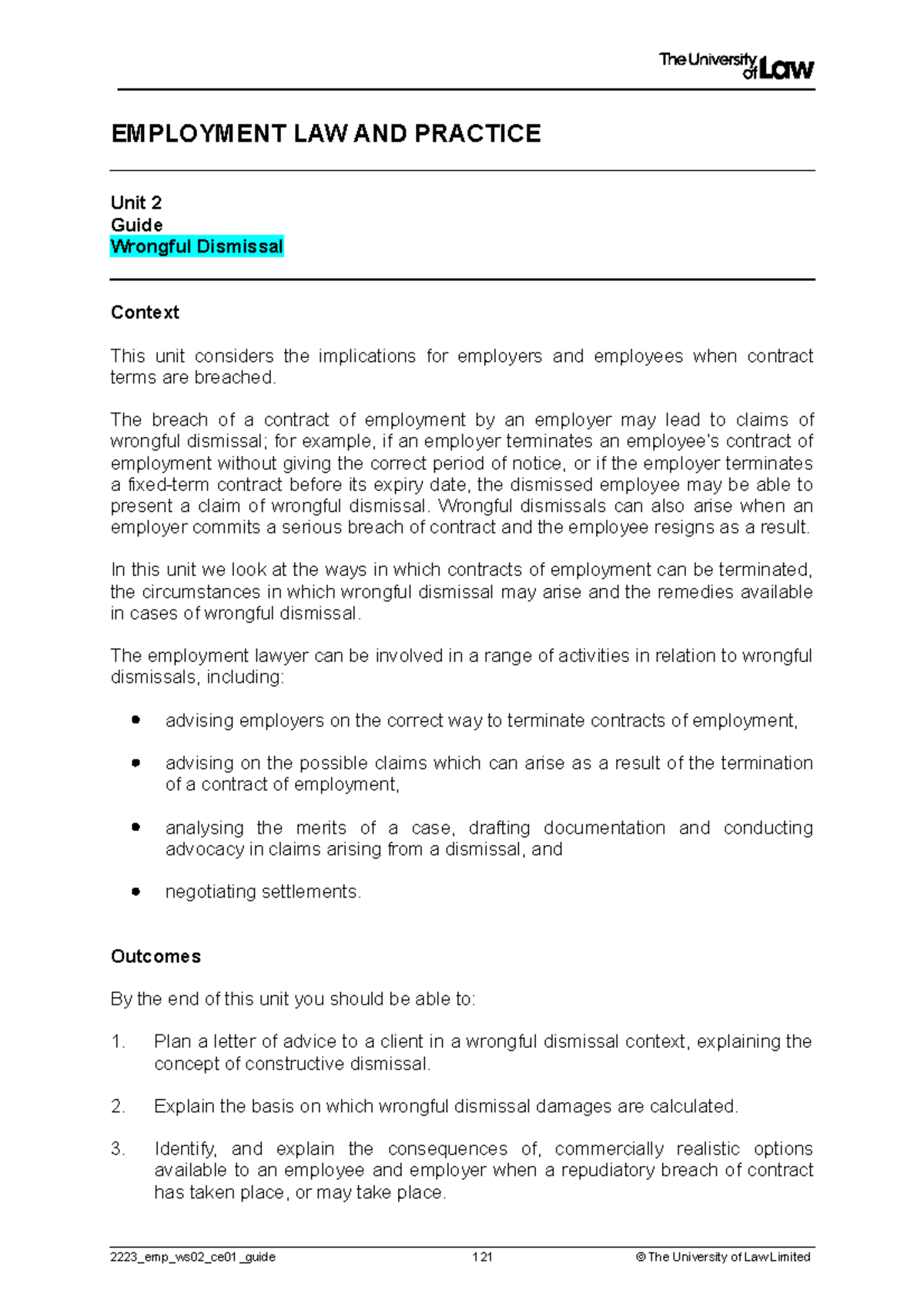 2223 emp ws02 ce01 guide - EMPLOYMENT LAW AND PRACTICE Unit 2 Guide ...