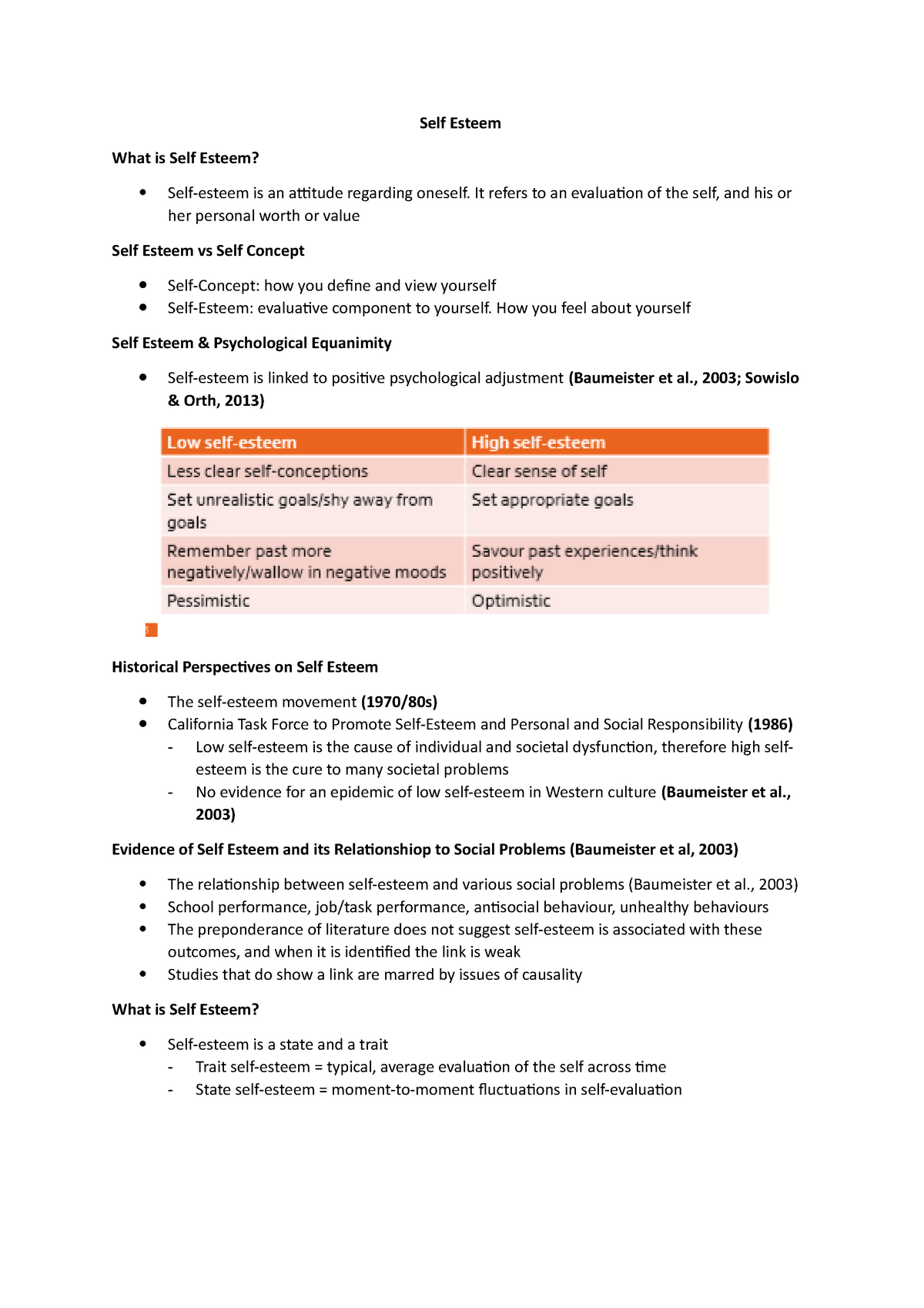 8 Self Esteem Lecture Notes 8 Self Esteem What Is Self Esteem 