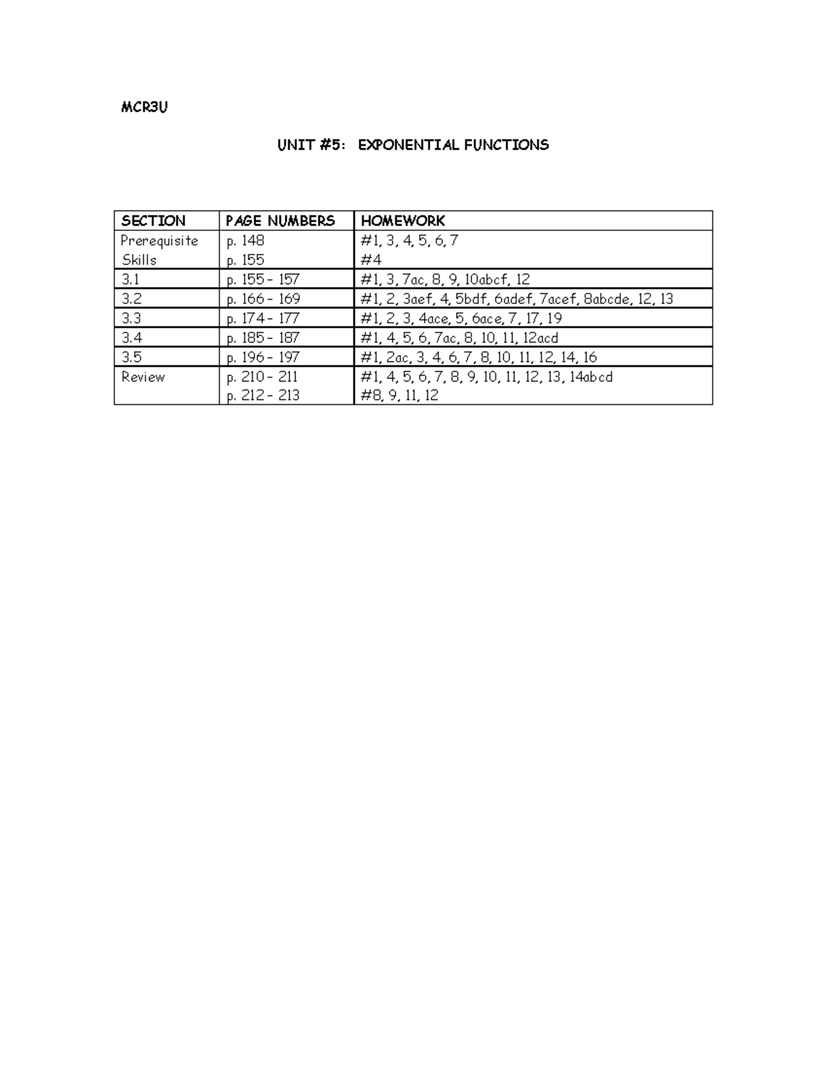 MCR3U Unit 5 Notes - MCR3U UNIT #5: EXPONENTIAL FUNCTIONS SECTION PAGE ...