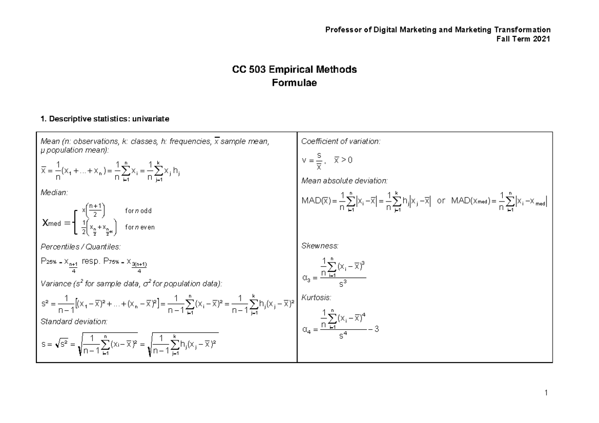 CC 503 Formular summary - Empirical Methods - Uni Mannheim - Studocu