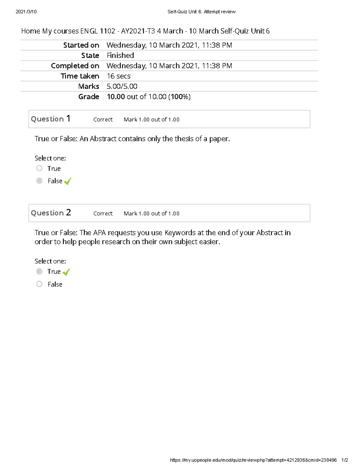 Self-Quiz Unit 6 Attempt Review-1 - 2021/ 3/ 10 Self-Quiz Unit 6 ...