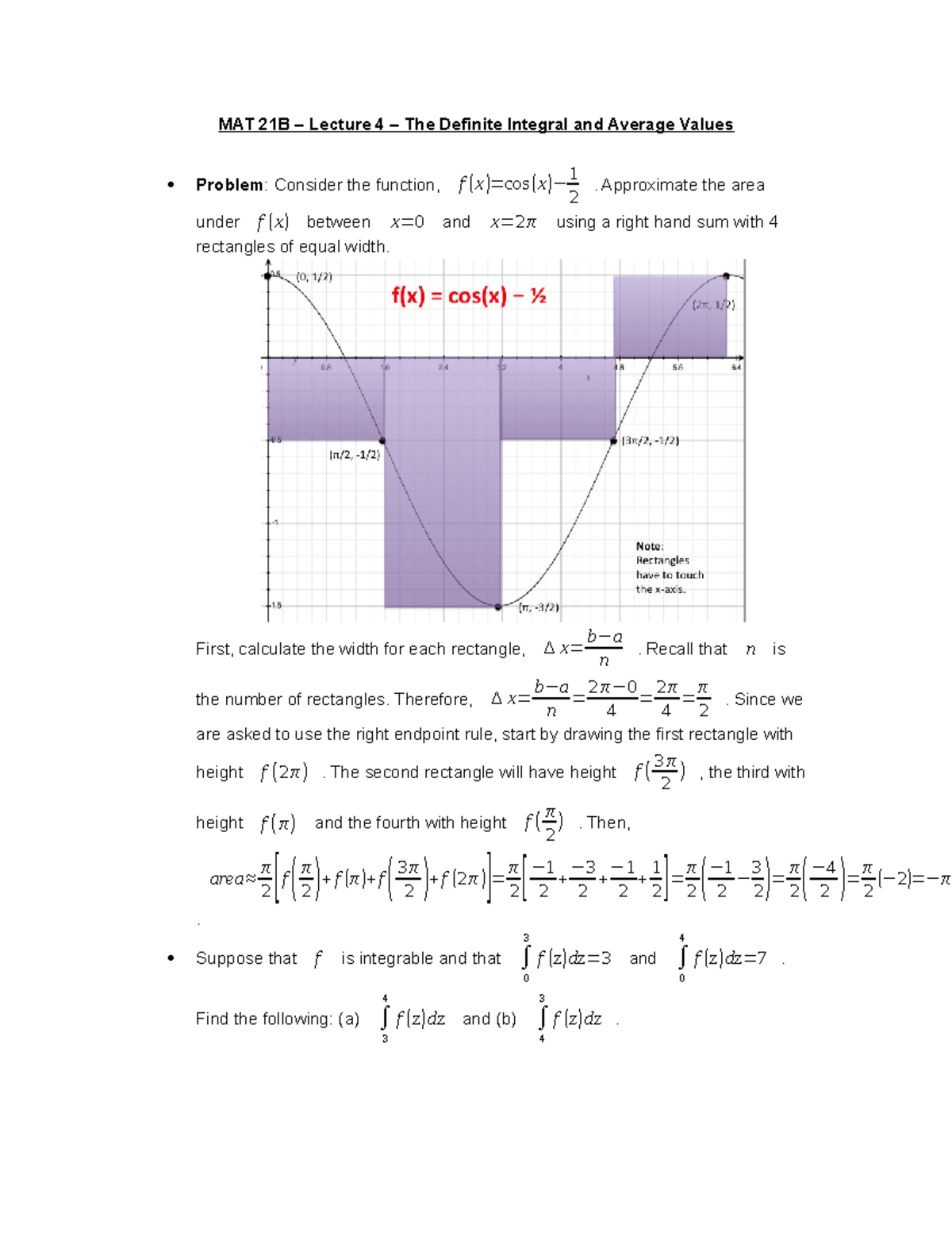 MAT 21B – Lecture 4 – The Definite Integral And Average Values - MAT ...