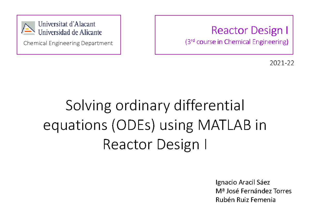 RDI computer tools Matlab to solve ODEs 2021-22 - Solving ordinary ...