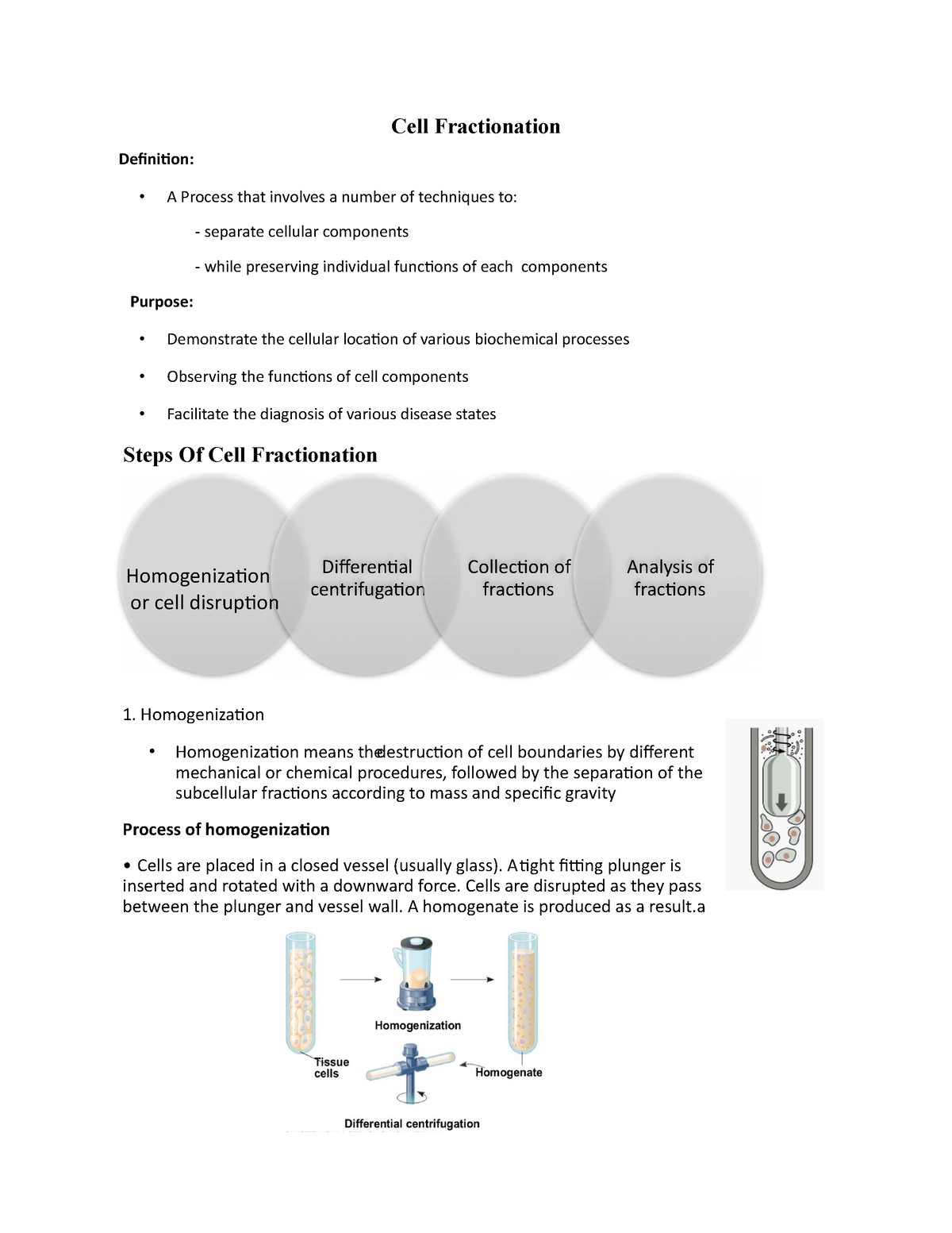 Cell Fractionation - Lecture Notes - Cell Fractionation Definition: • A ...