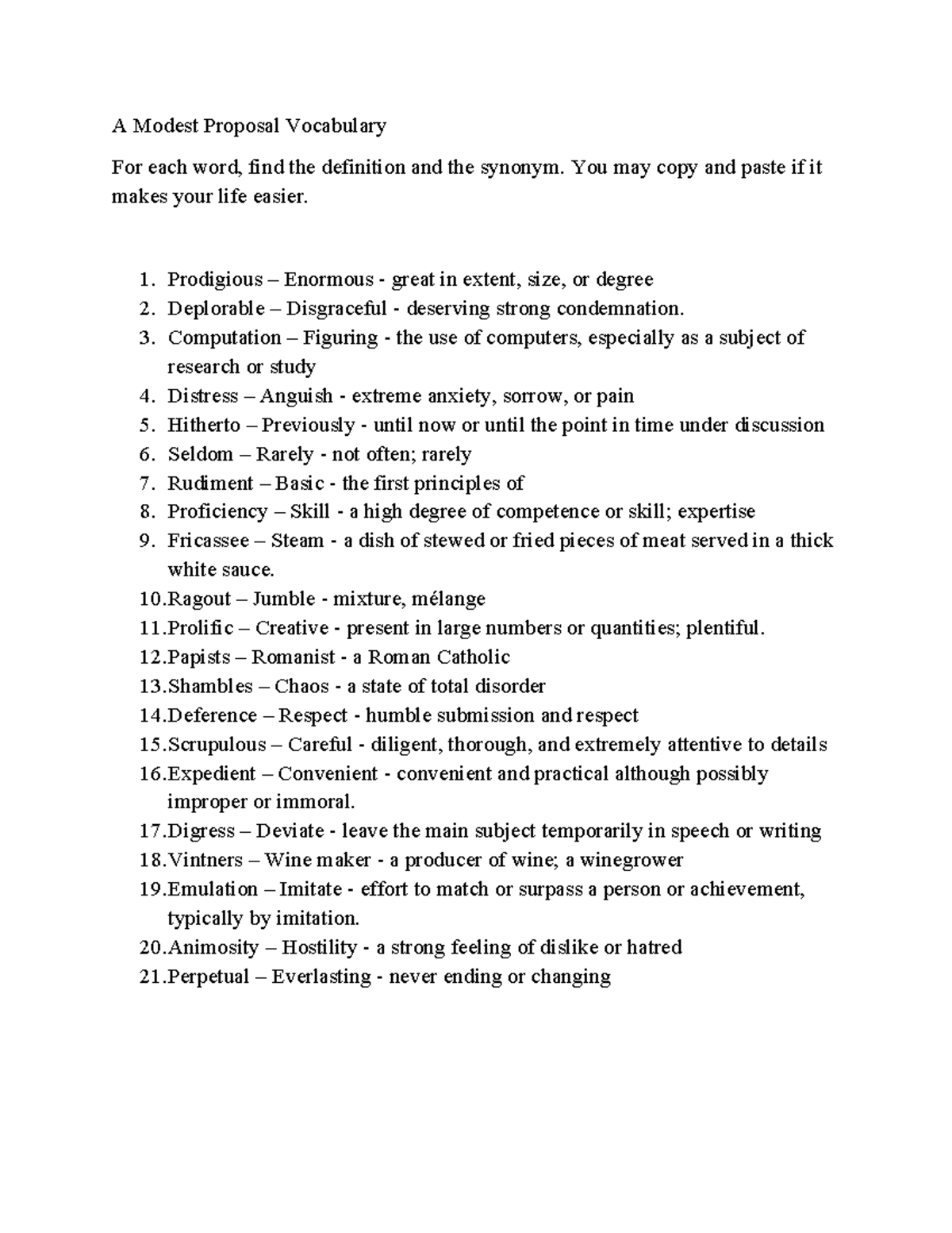 A Modest Proposal Vocabulary - You may copy and paste if it makes your ...