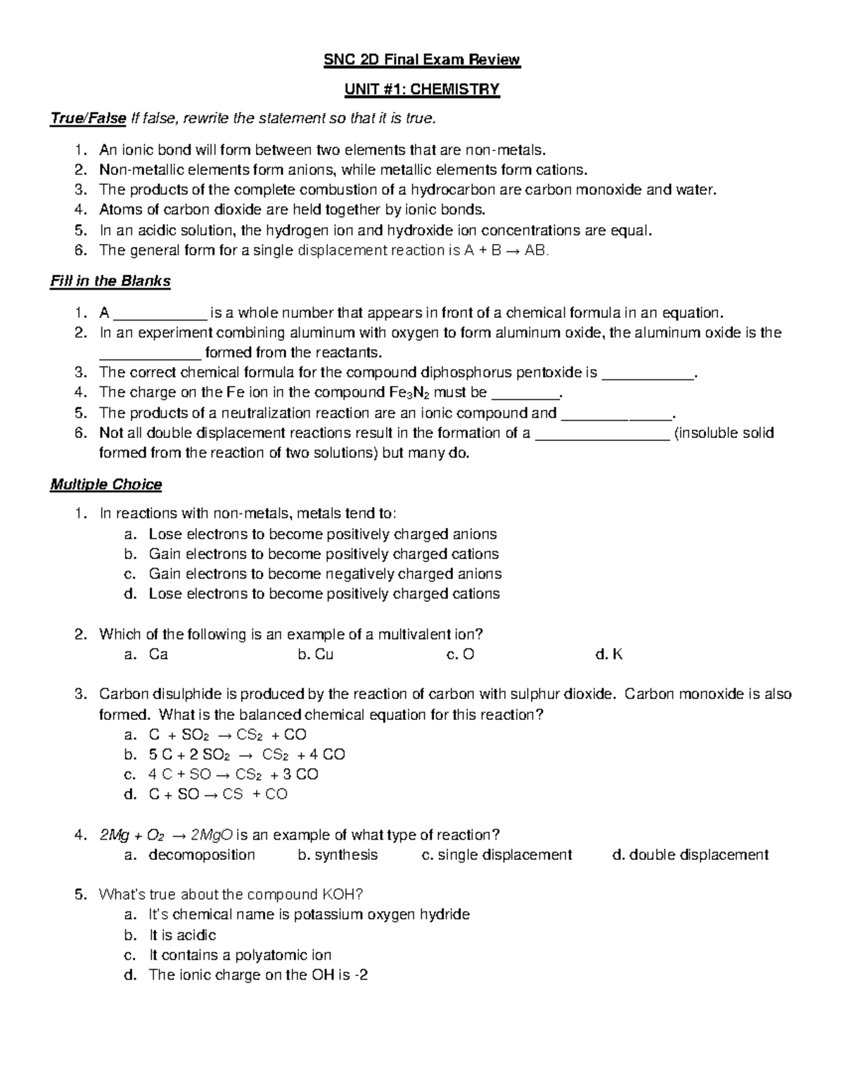 Snc2dfinalexamreview JAN 2023 - SNC 2D Final Exam Review UNIT #1 ...