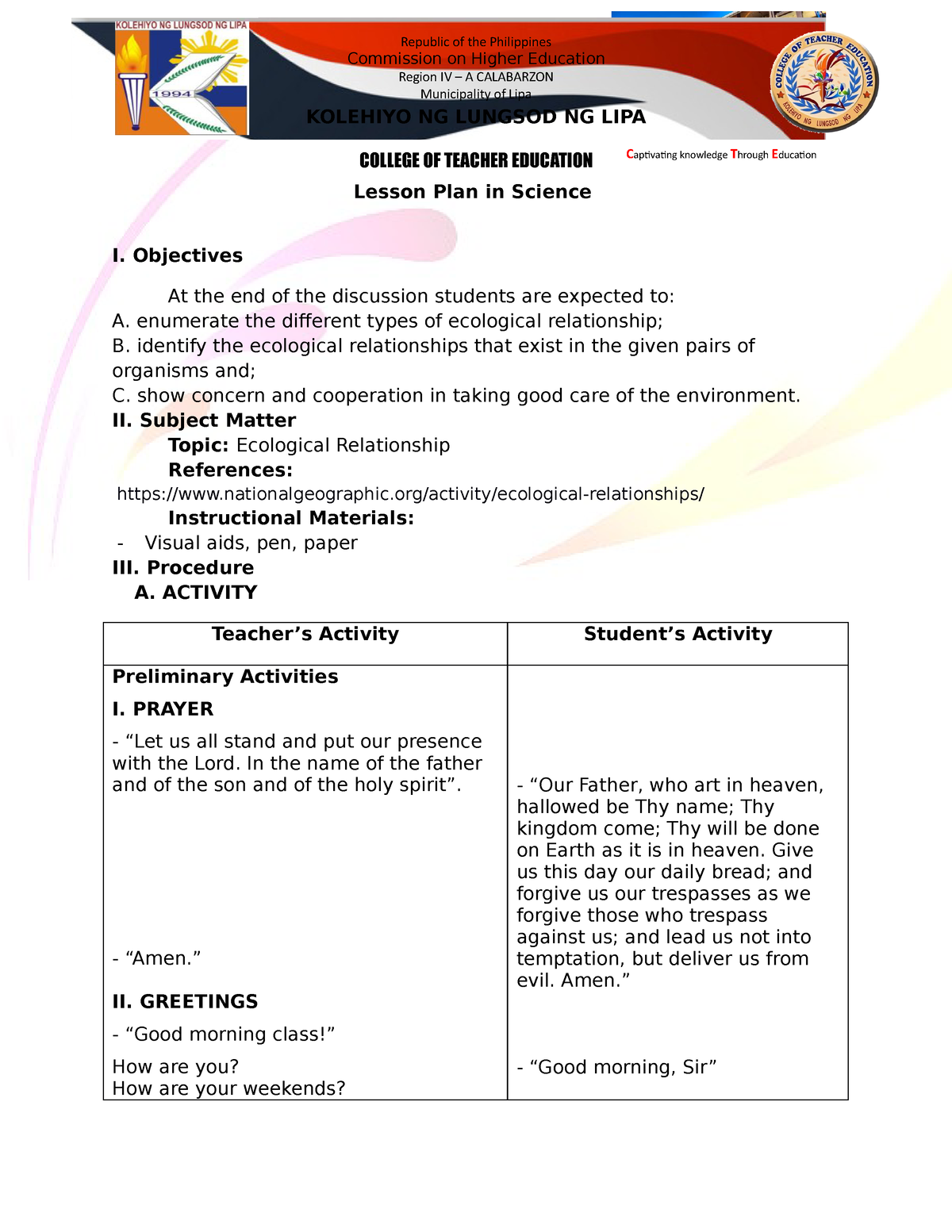 Ecological Relationship Deatialed Lesson Plan - Lesson Plan In Science ...