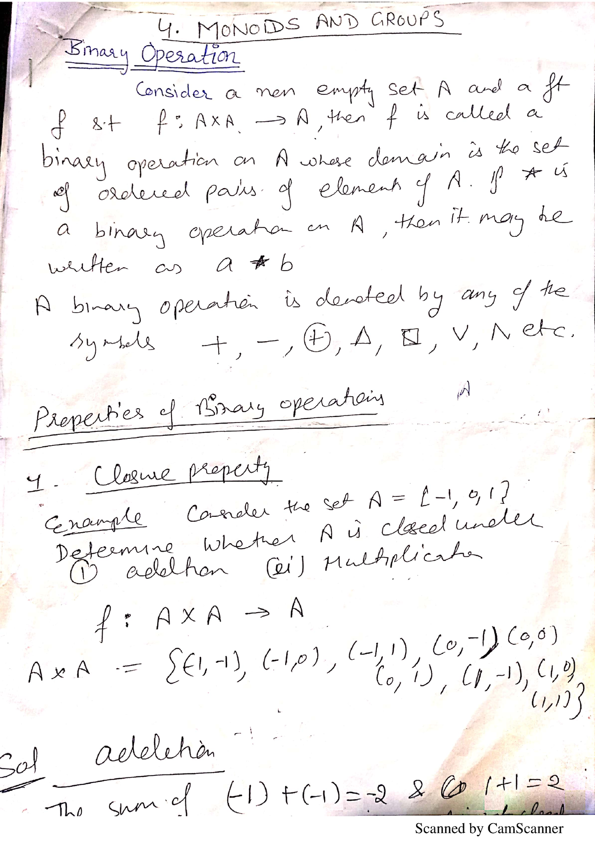 Module 4 MATH 4 HAND Written - 4. MONOIDS AND GROUPS Binary Operation ...