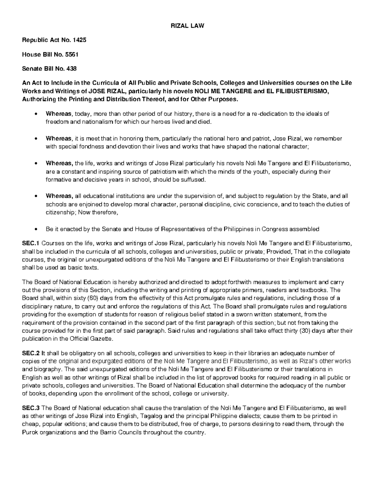 LIFEAND WorksOF Rizal UNIT 13 RIZAL LAW Republic Act No. 1425
