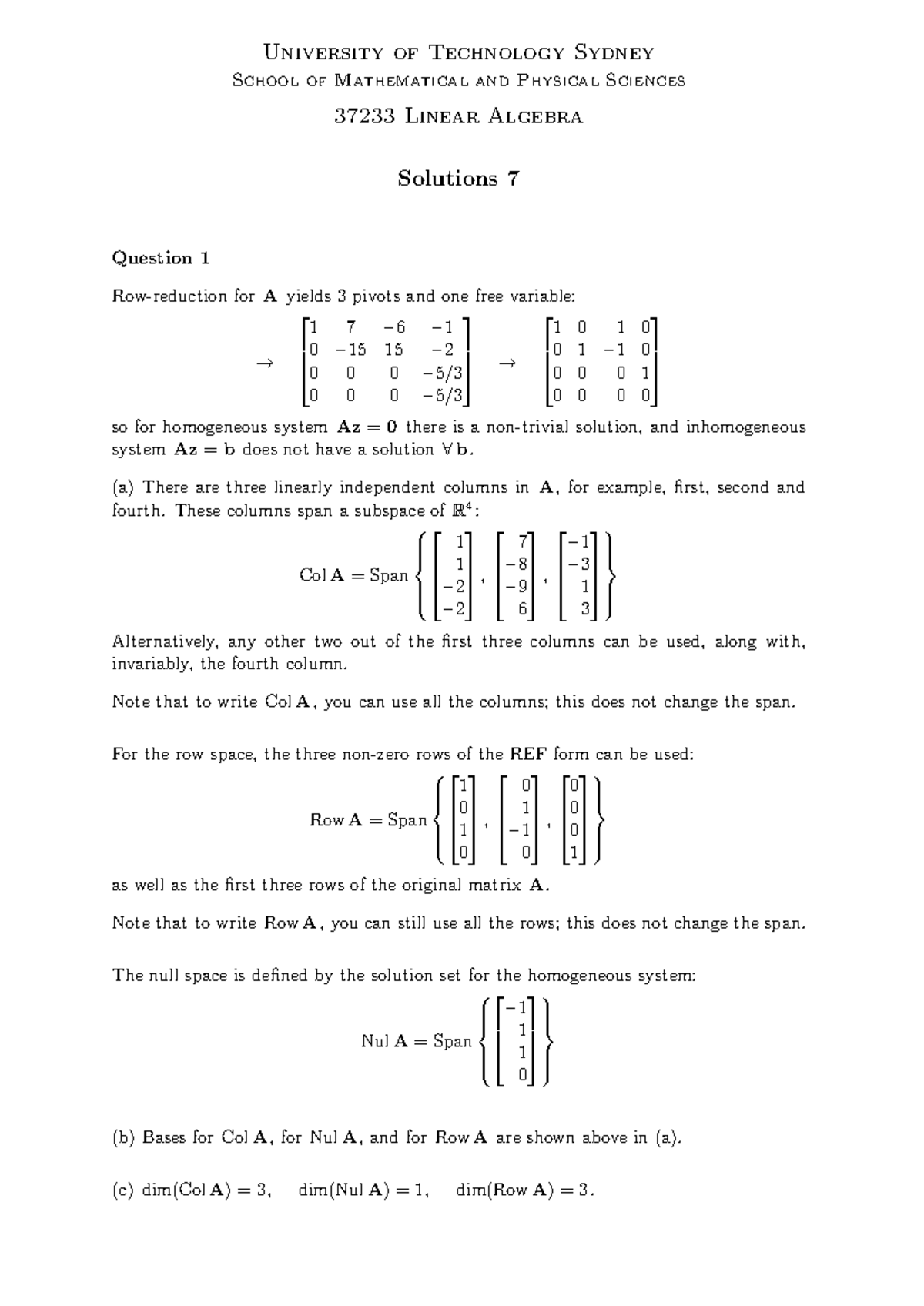 Sol-07 - Practice Questions - University of Technology Sydney School of ...