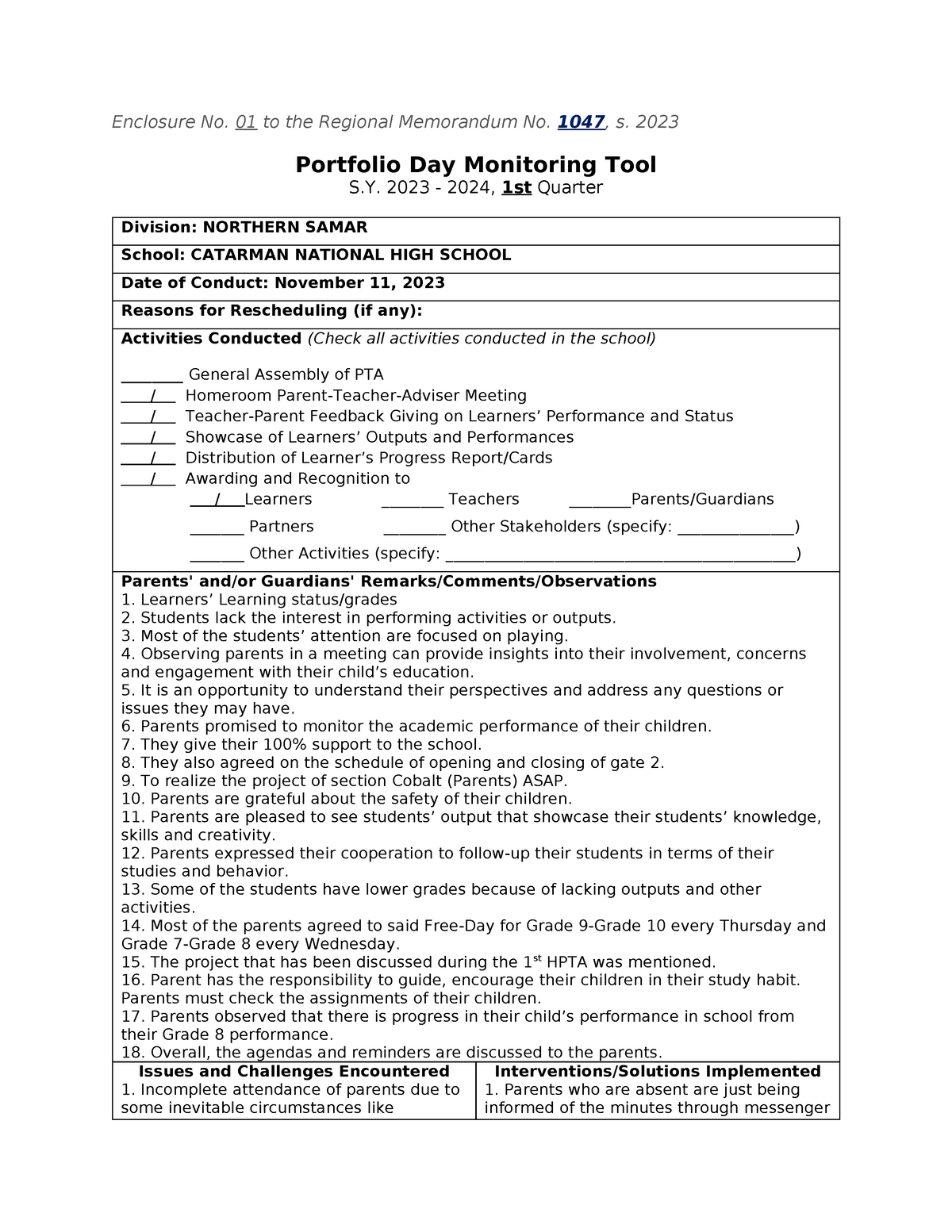 9 MonitoringTOOL Portfolio DAY 1ST Q 20232024 Enclosure No. 01 to