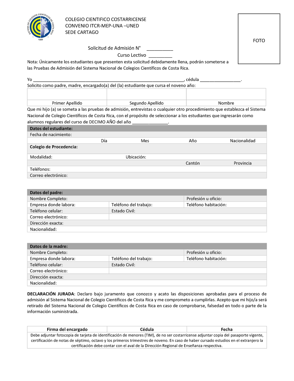 Solicitud de Admisión 2024 Solicitud de AdmisiÛn N∞ __________ Curso