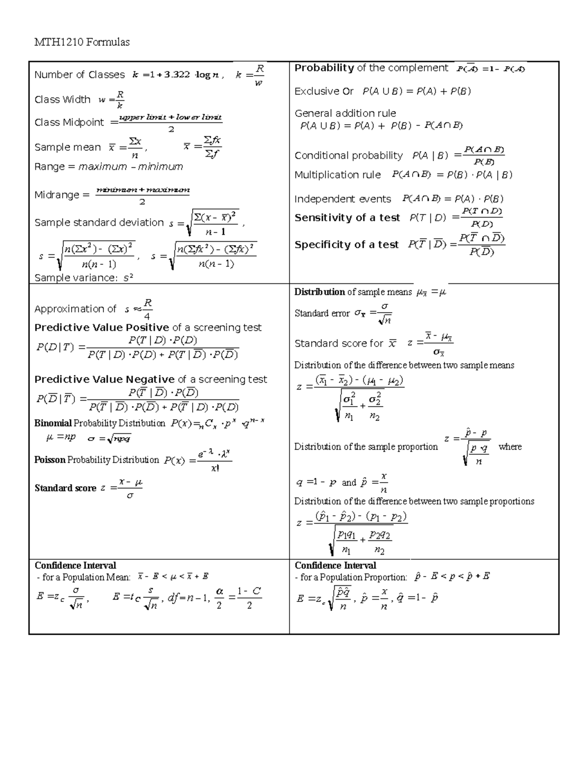 MTH1210 Formulas 2013 - Summary Bio-Statistics - MTH1210 Formulas ...