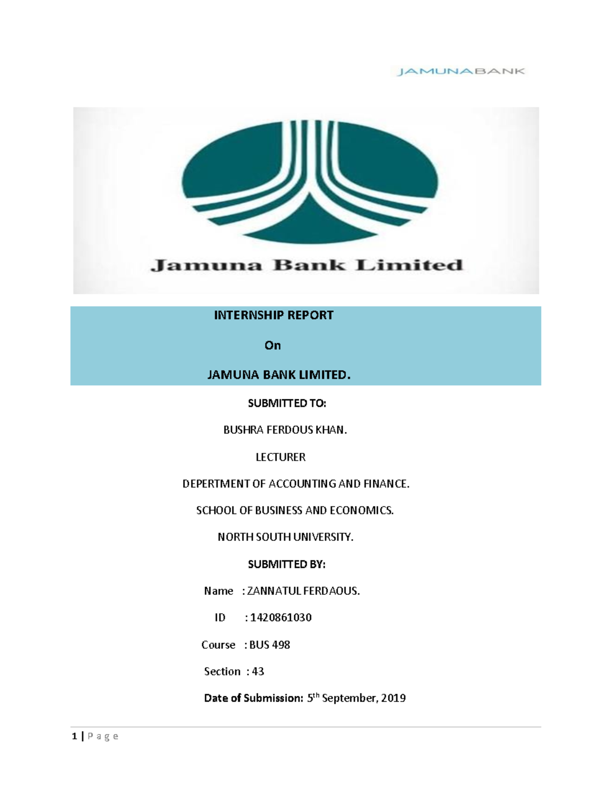 Internship Report On Jamuna BANK Limited INTERNSHIP REPORT On JAMUNA