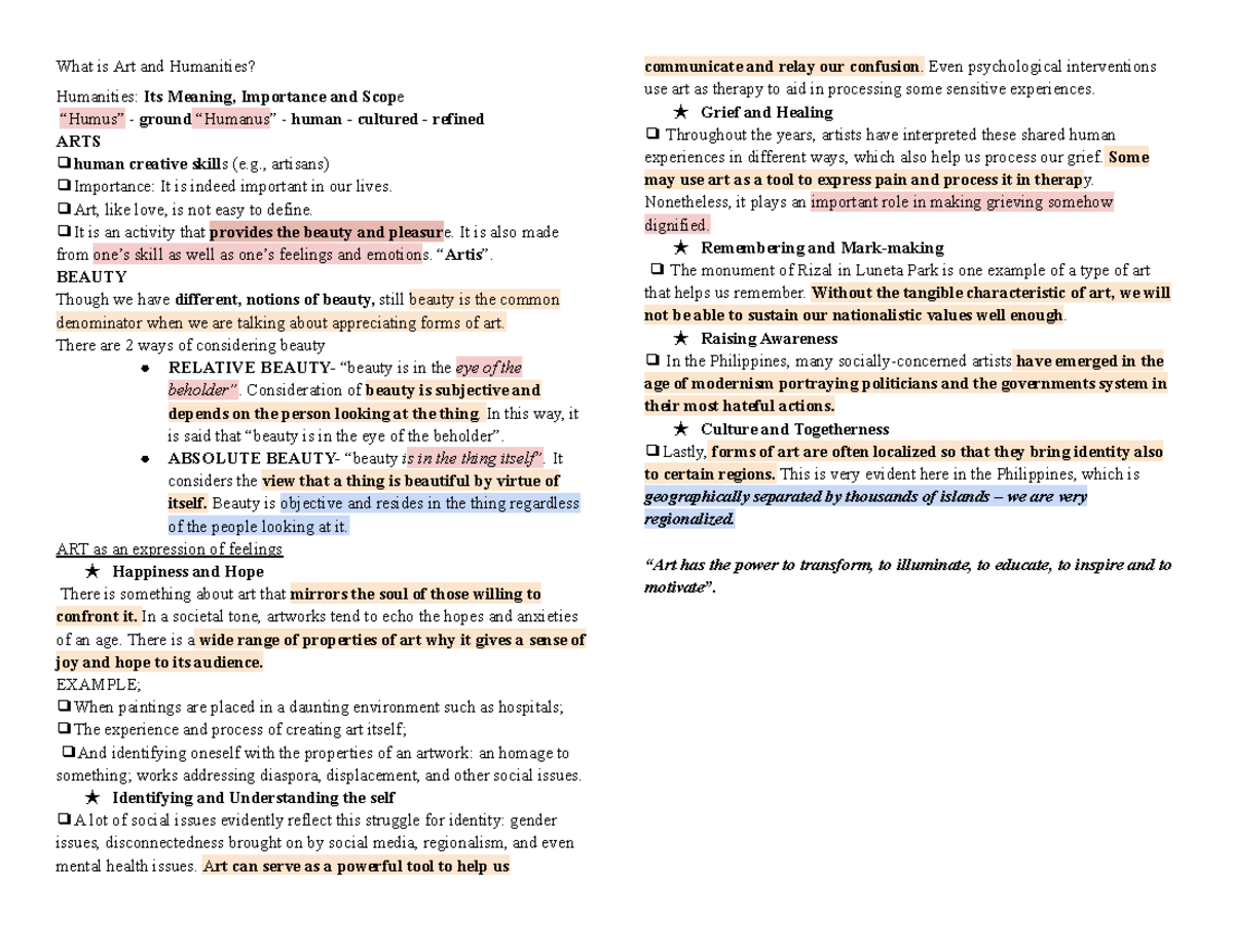 Art app lesson 1 reviewer - What is Art and Humanities? Humanities: Its ...
