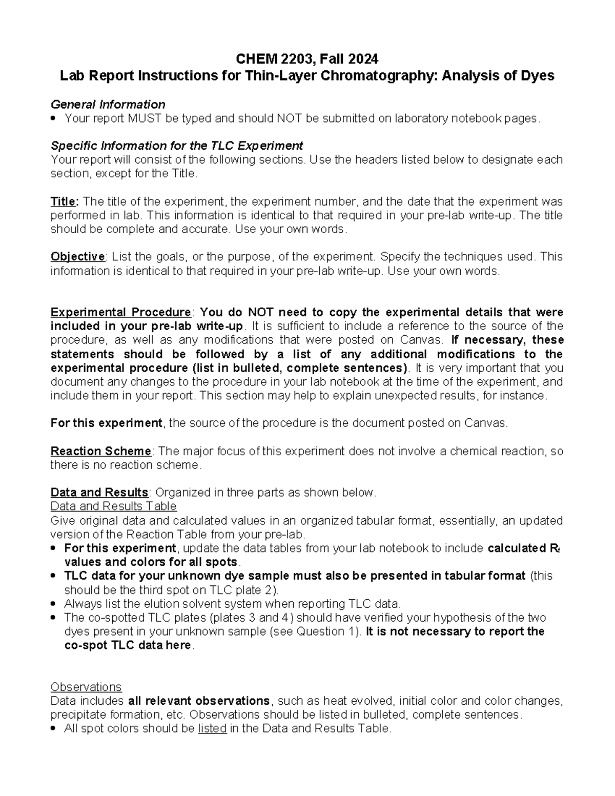 TLC Lab Report Fall 2024 - CHEM 2203, Fall 2024 Lab Report Instructions ...