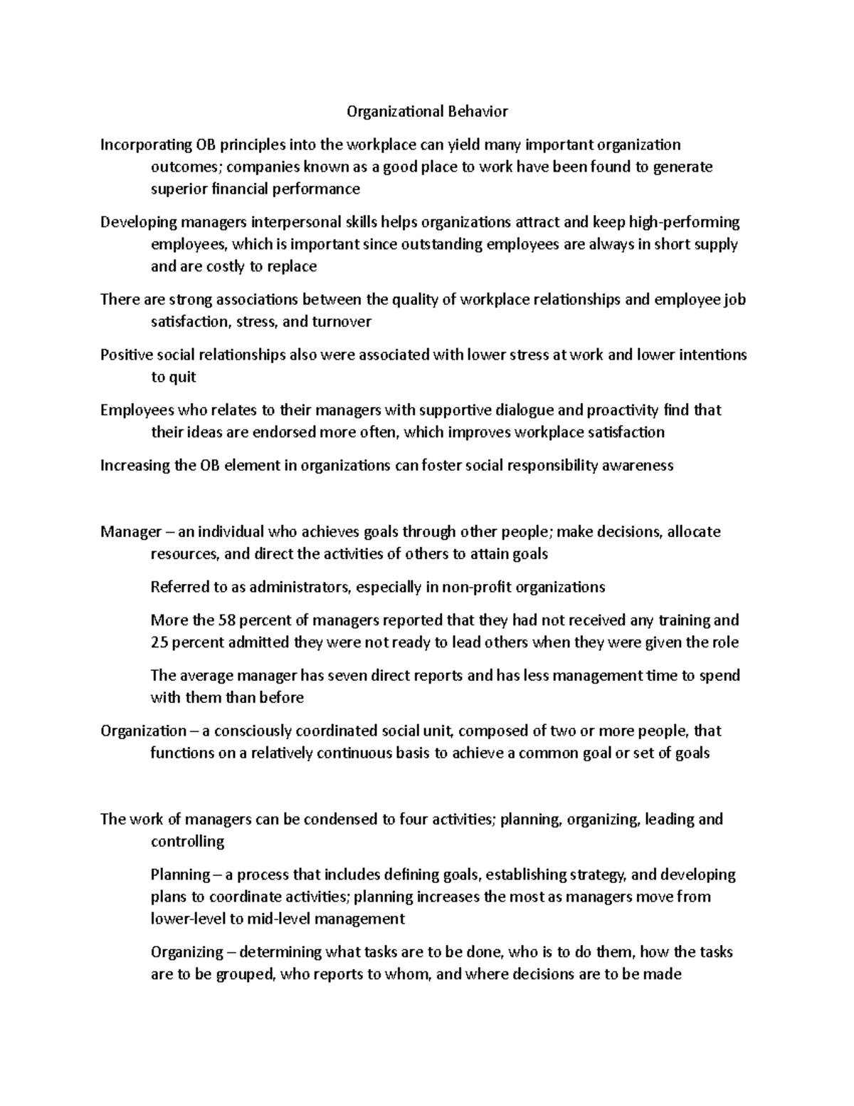 Chapter 1 Notes - Organizational Behavior Incorporating OB principles ...