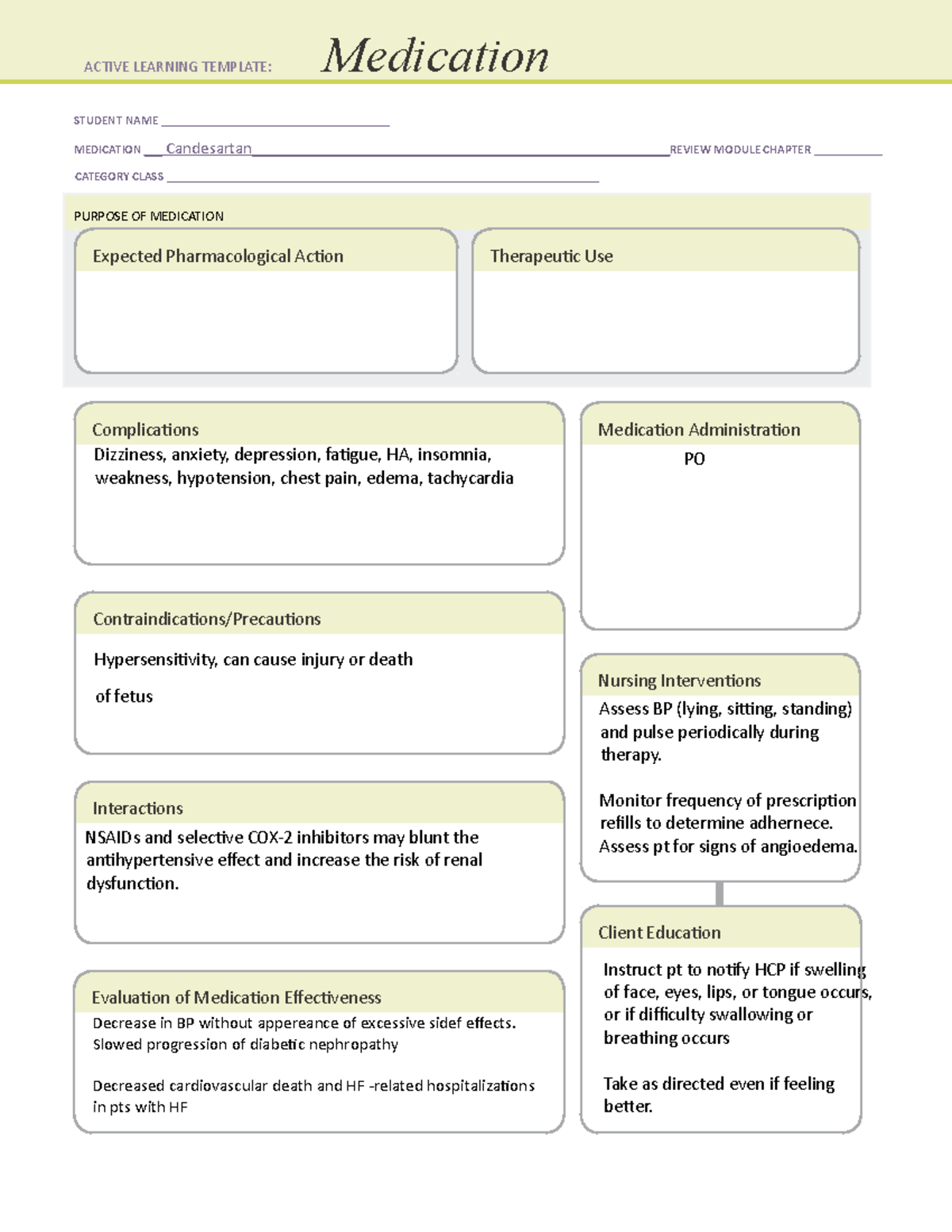 Candesartan Medication Template STUDENT NAME
