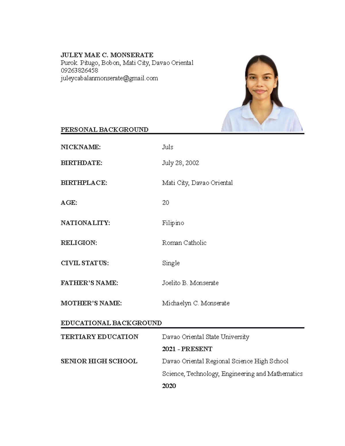 Curriculum-Vitae - want to get some modules - JULEY MAE C. MONSERATE ...