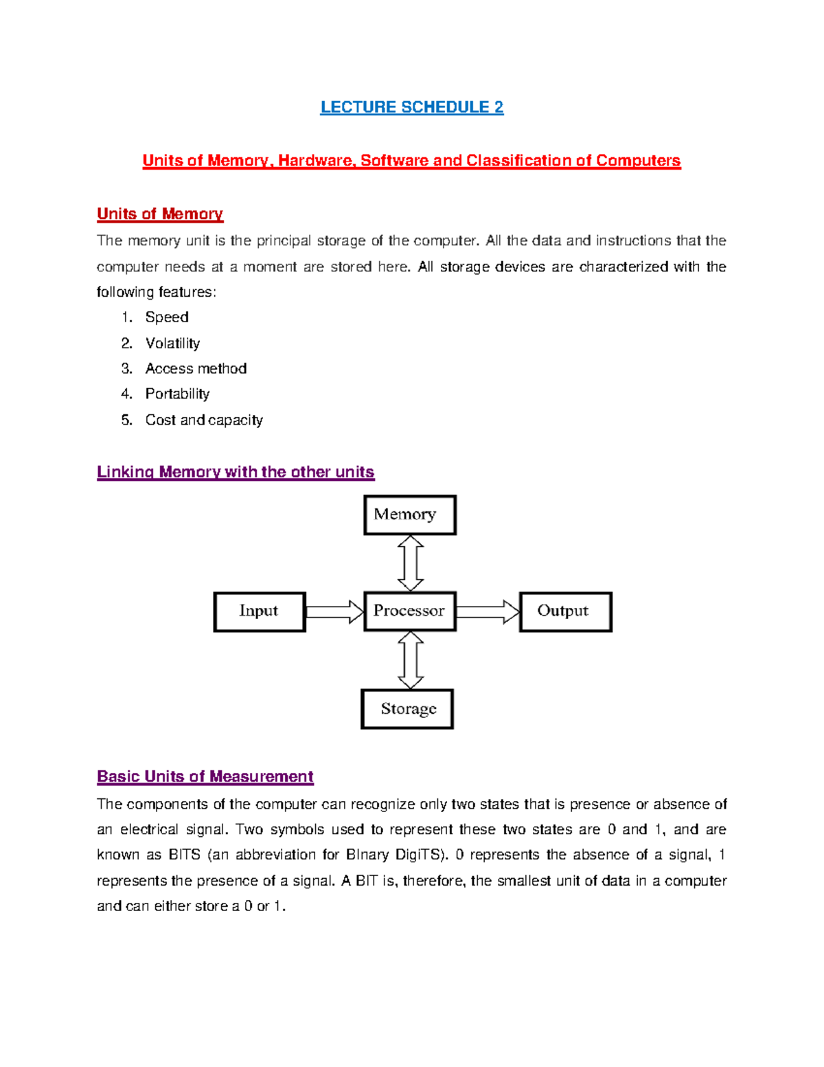 Lec02 Units of Memory, Hardware, Software and Classification of