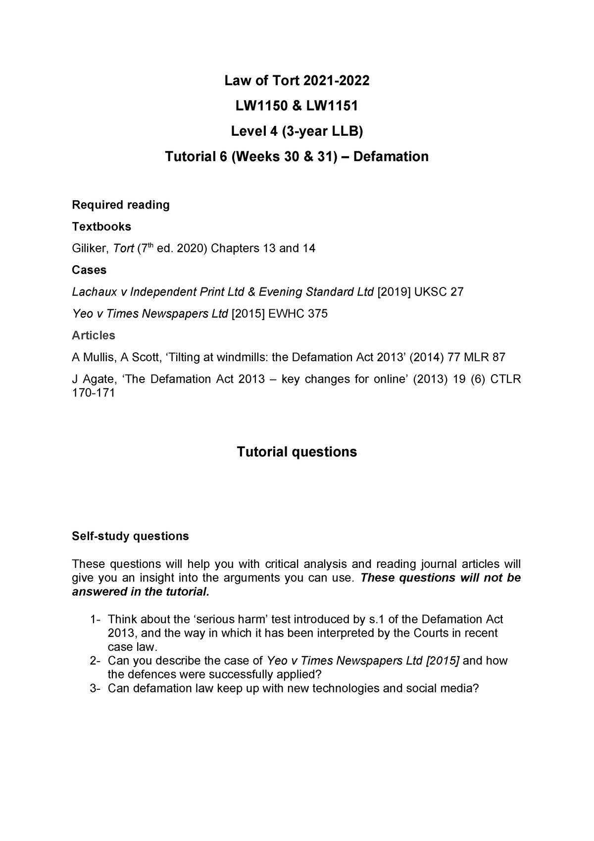 Tort- Tutorial 6 LW1150 - Law of Tort 2021- LW1150 & LW Level 4 (3-year ...