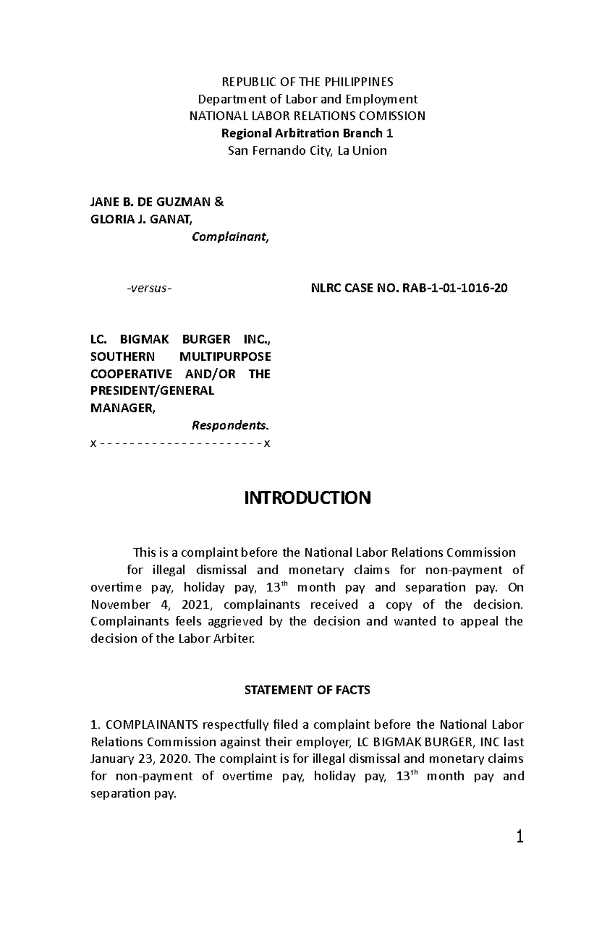 Pleading- A Labor Case Problem - REPUBLIC OF THE PHILIPPINES Department ...