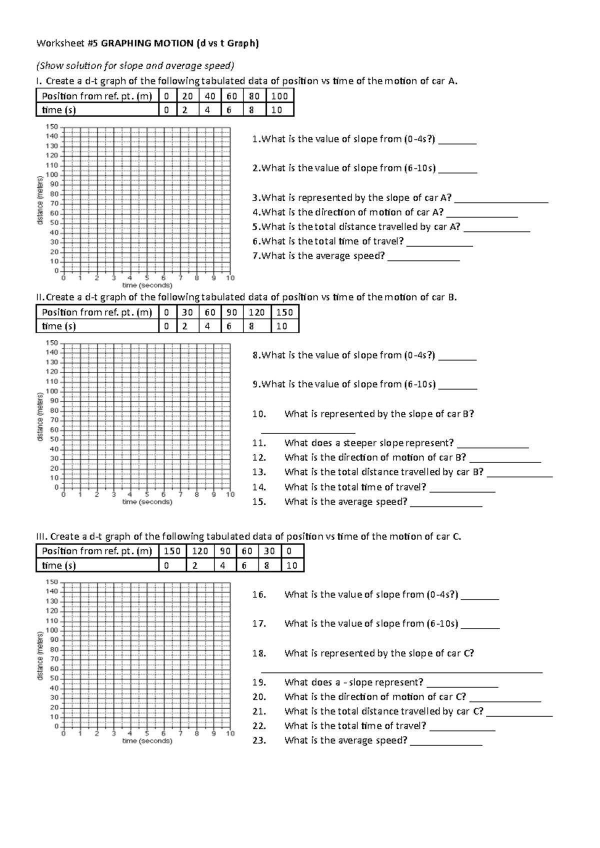 Worksheet 5 Graphing Motion d t graph - Worksheet #5 GRAPHING MOTION (d ...