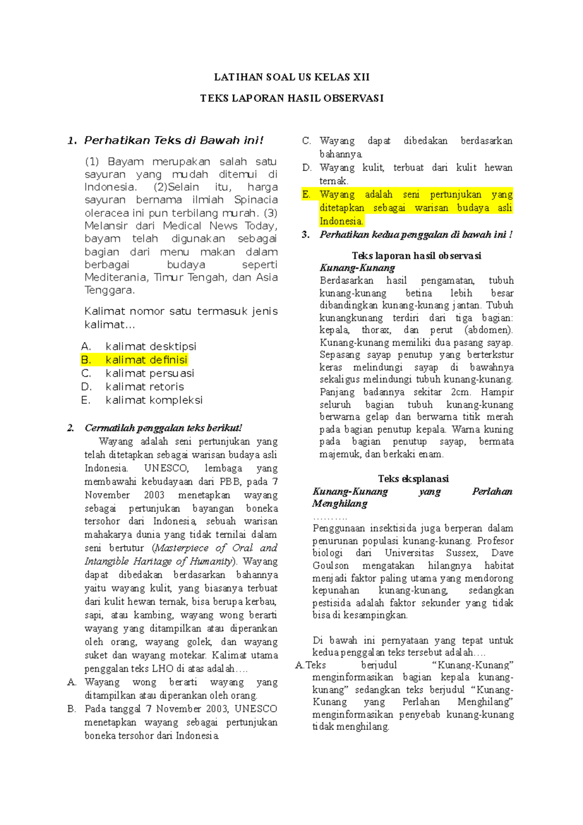 Latihan SOAL TEKS Laporan Hasil Observasi - LATIHAN SOAL US KELAS XII ...