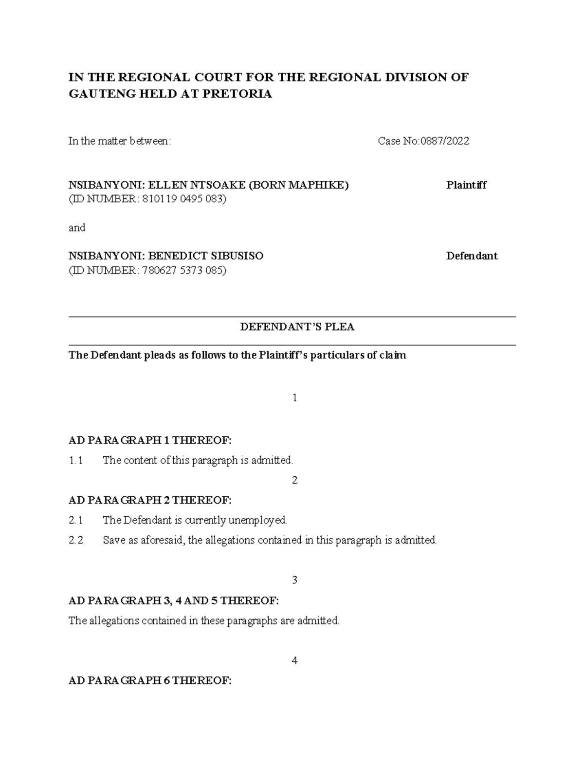 PLEA AND Counterclaim Brandon Platt - IN THE REGIONAL COURT FOR THE ...