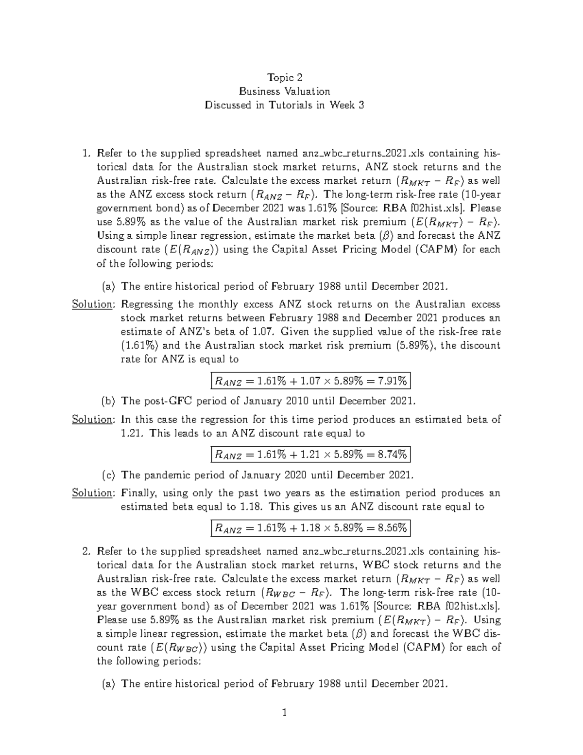 Tutorial 2 Solutions - Topic 2 Business Valuation Discussed In ...