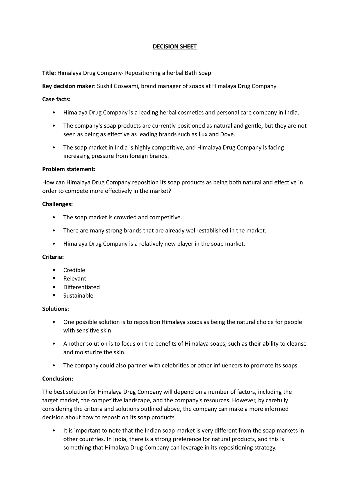 CB Case- 4 - Assignment - DECISION SHEET Title: Himalaya Drug Company ...