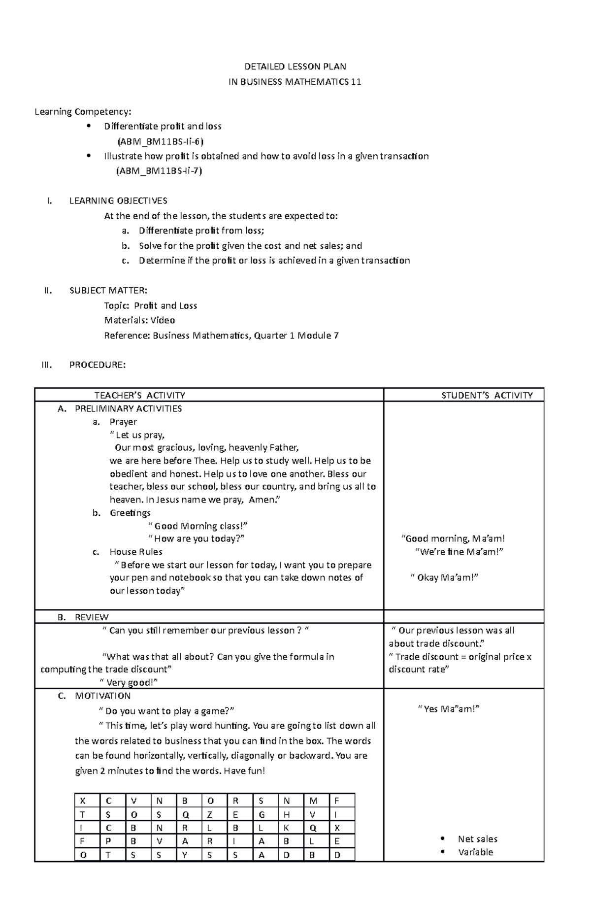 Detailed Lesson PLAN DETAILED LESSON PLAN IN BUSINESS MATHEMATICS 11 