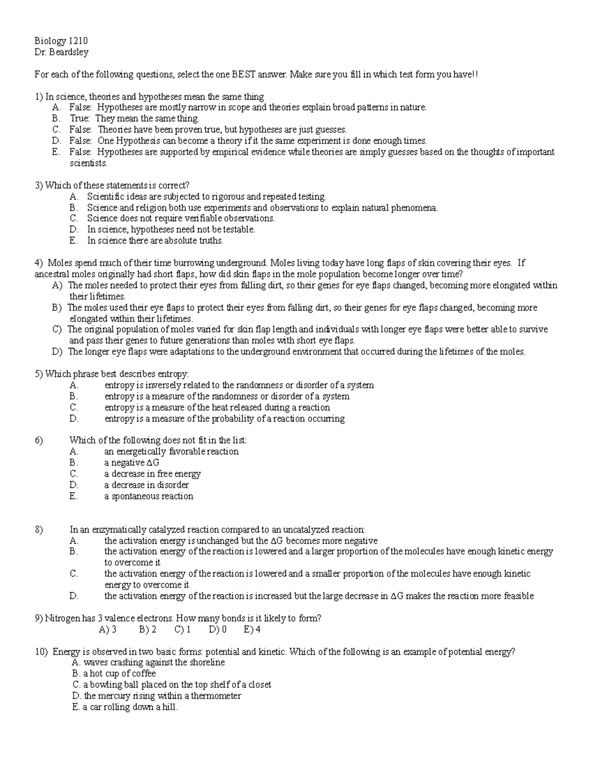 Practice exam1 Biology 1210 Dr. Beardsley For each of the following