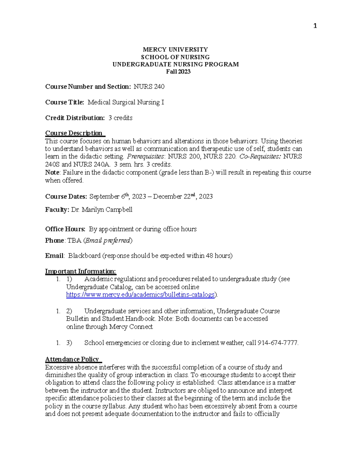 Medsurg 240sylabus Med Surg 1 fall 2023 syllabus MERCY UNIVERSITY