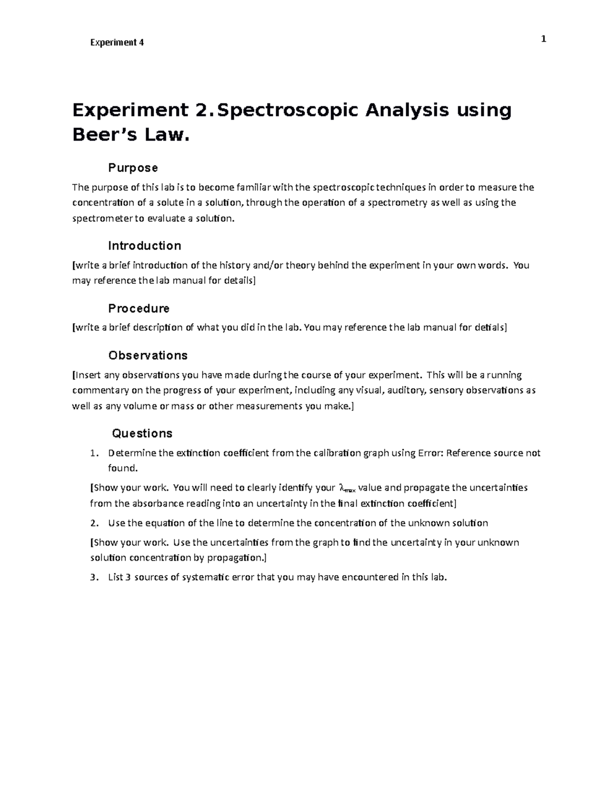 Lab 4 Beers Law Layout Experiment 4 Experiment 2 Analysis using