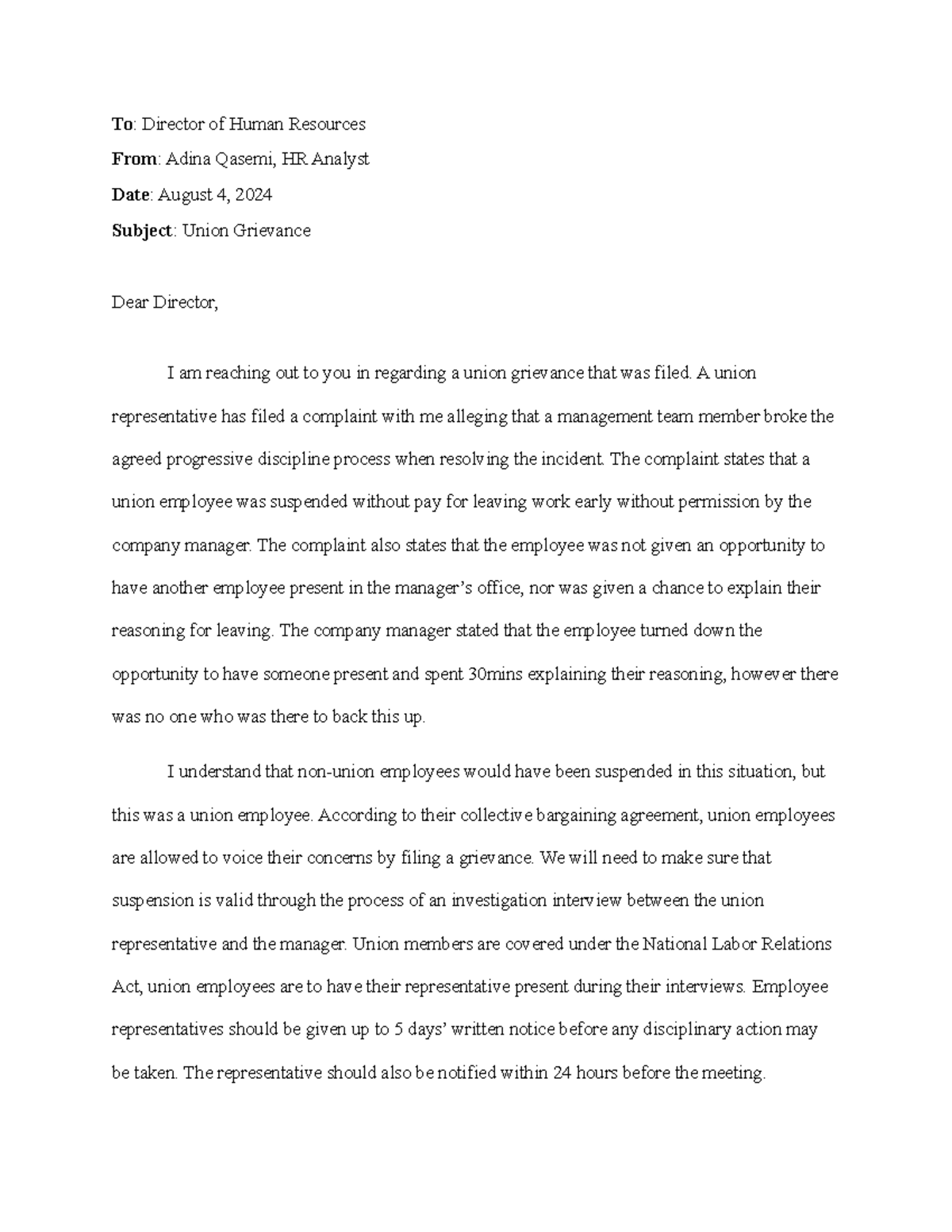 5-1 HRM 310 - Assignment - To: Director of Human Resources From: Adina ...