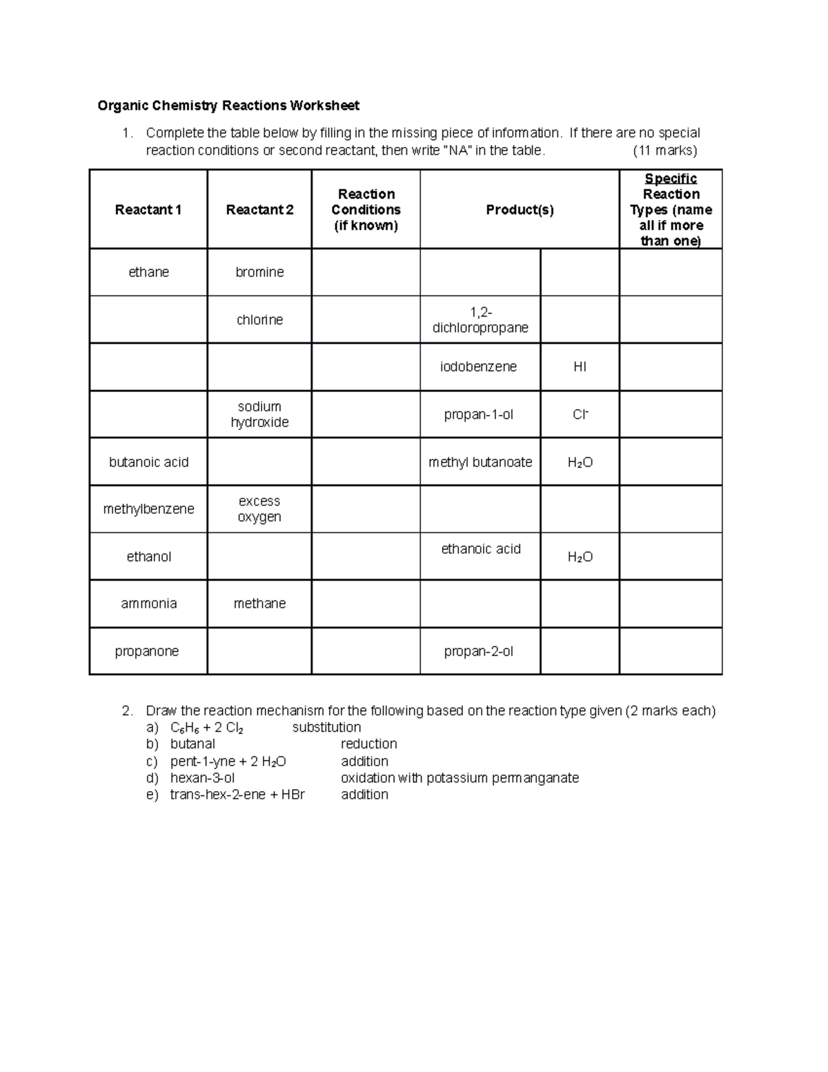 Organic Chemistry Reactions Worksheet 2 - Organic Chemistry Reactions 