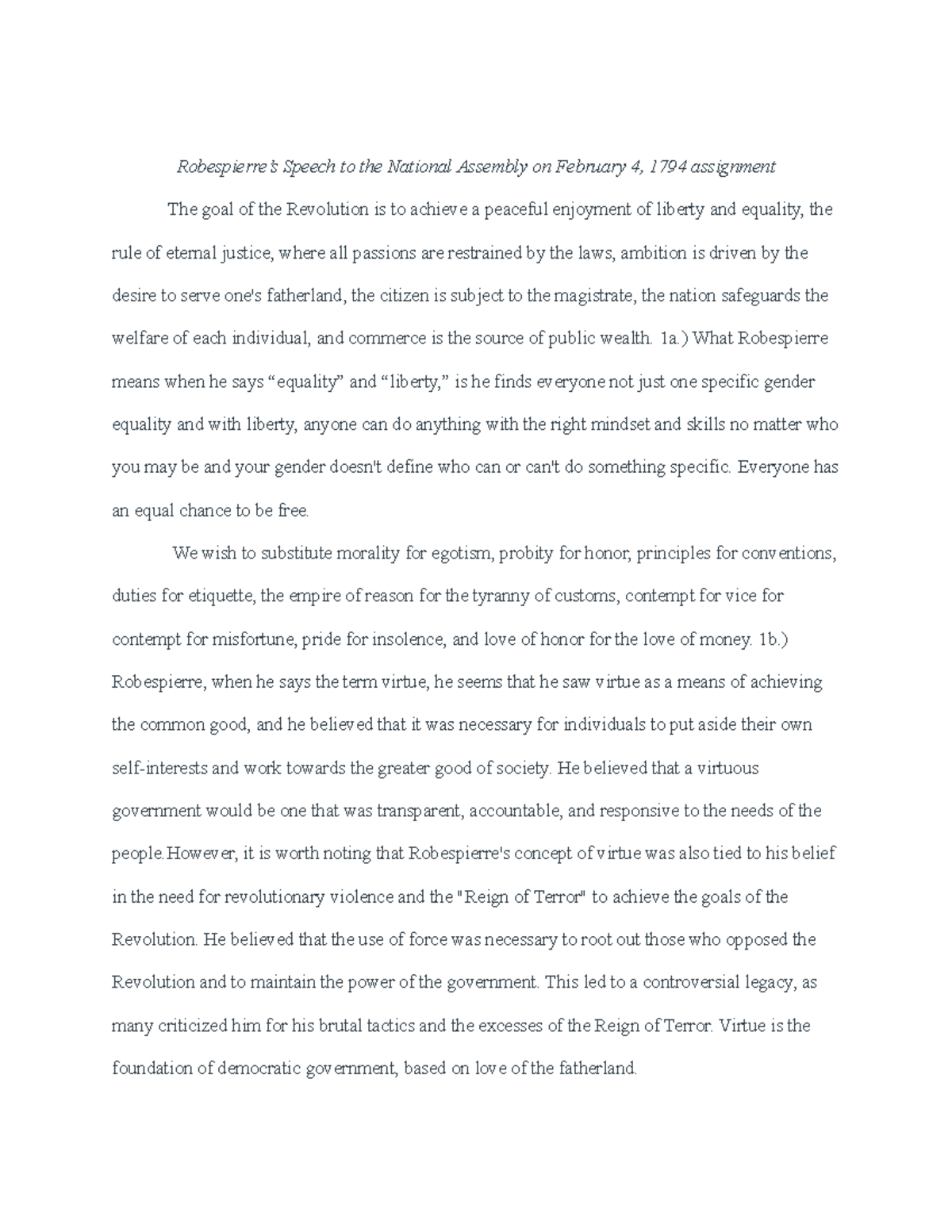Take home quiz 4 Essay about Robespierre’s Speech to the National