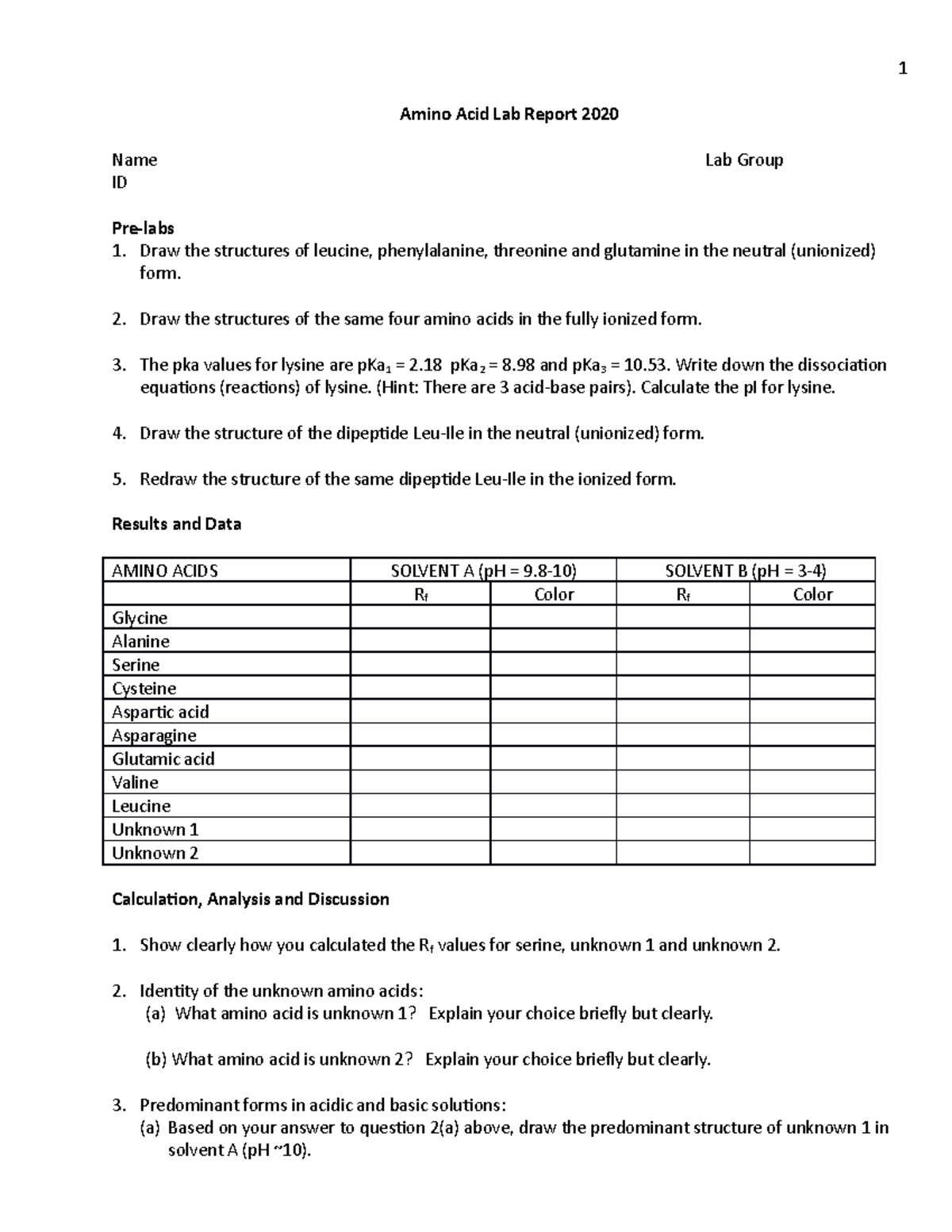 Amino Acid Lab Report Template 1 Amino Acid Lab Report 2020 Name Lab