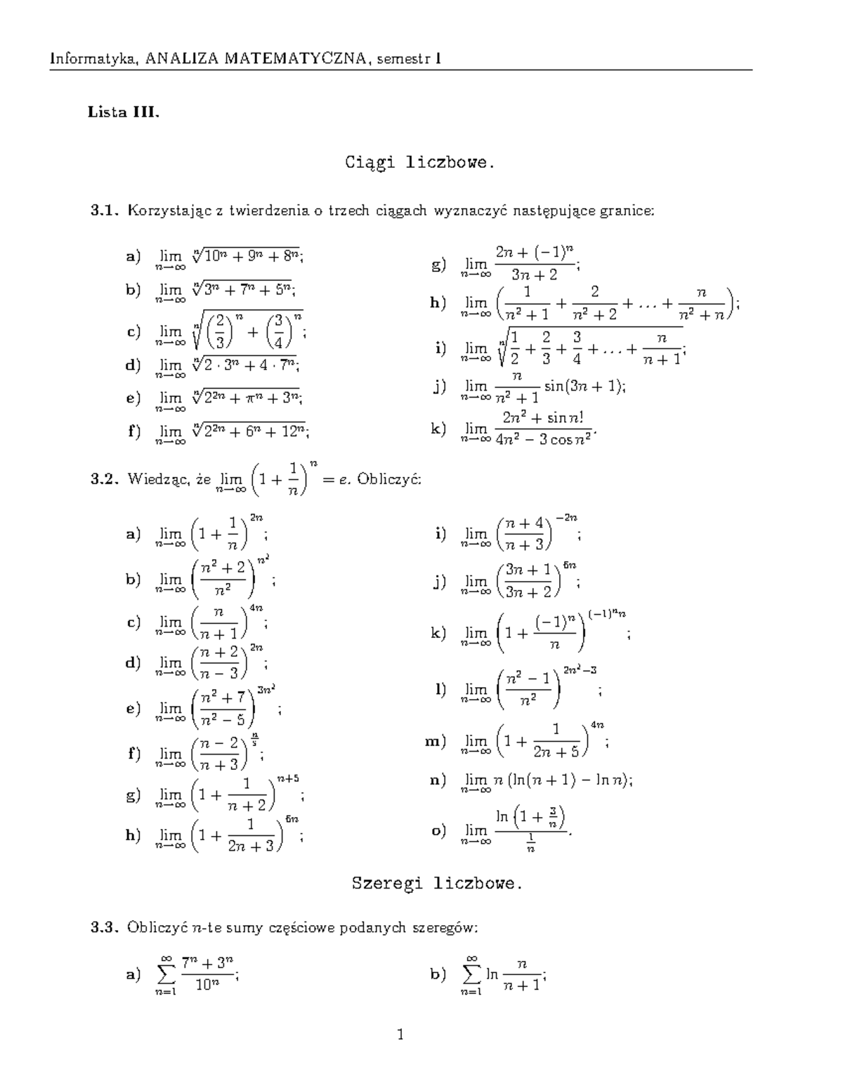 Analiza Matematyczna Lista 3 Ćwiczenia - Informatyka, ANALIZA ...