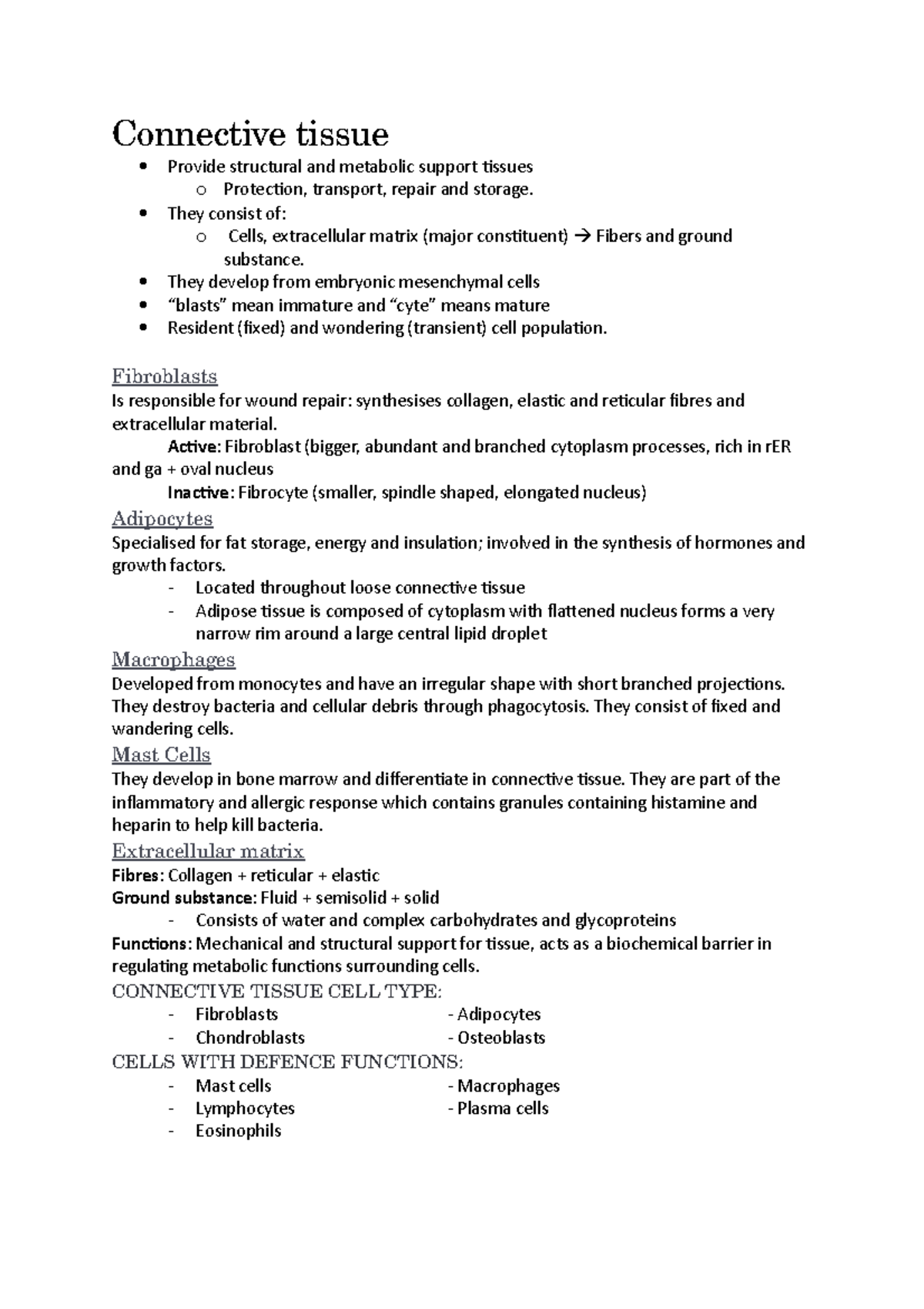 Lecture 3 notes - Connective tissue Provide structural and metabolic ...