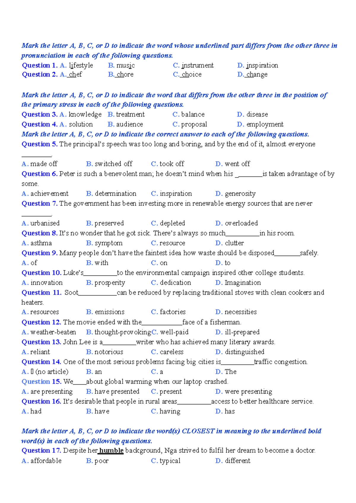 Đề-1 - Text Kiểm Tra U1 U2 - Mark The Letter A, B, C, Or D To Indicate ...