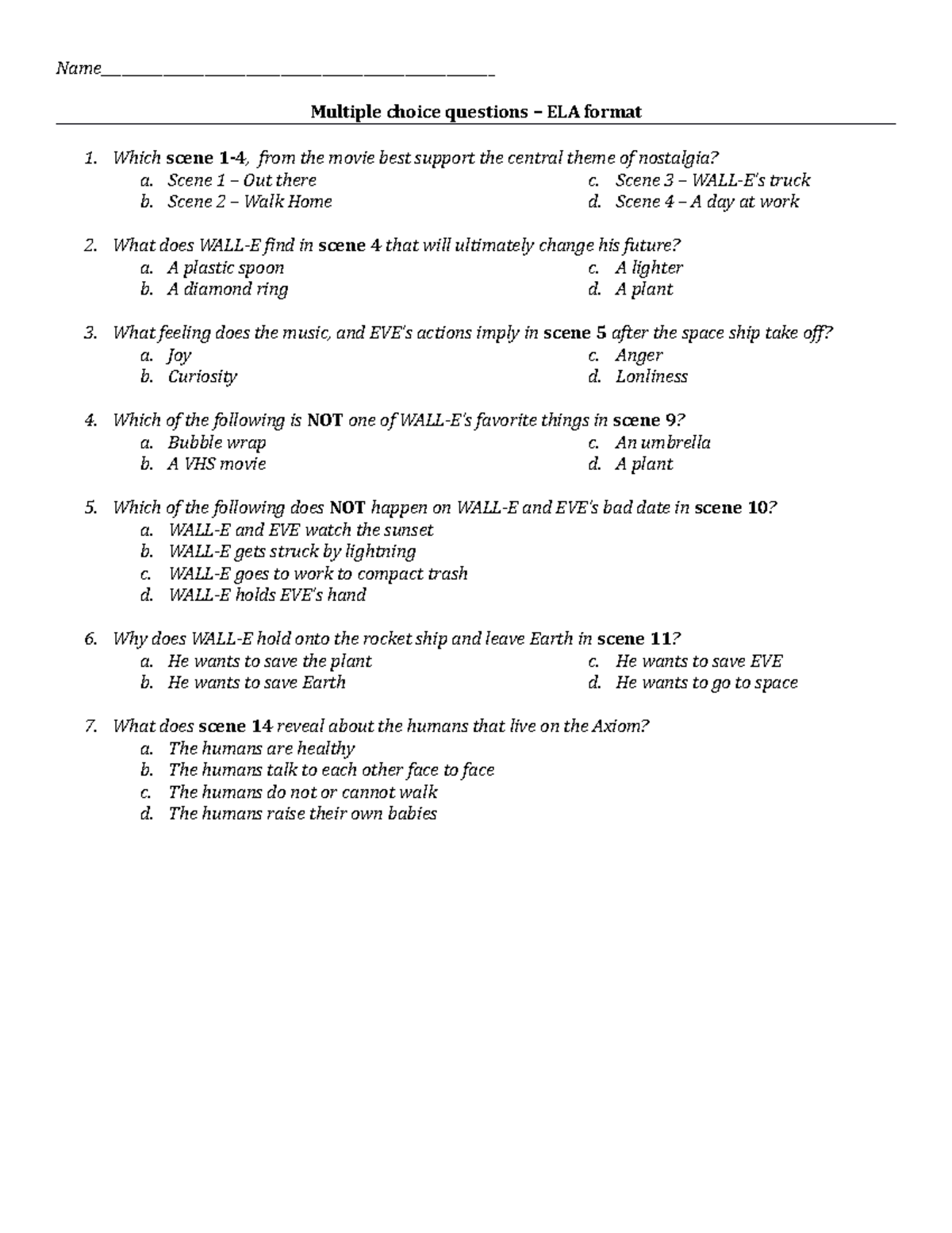 Wall E ELA Activities WALL E MOVIE WORK SHEET Studocu