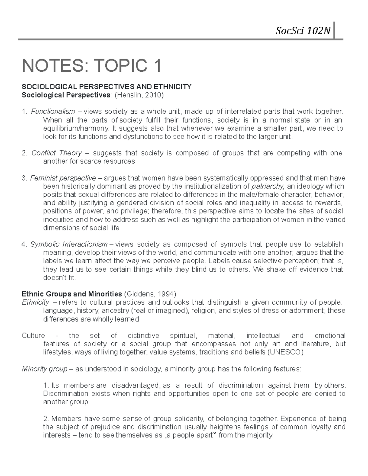 SOC SCI 102 Topic 1 Notes - NOTES: TOPIC 1 SOCIOLOGICAL PERSPECTIVES ...